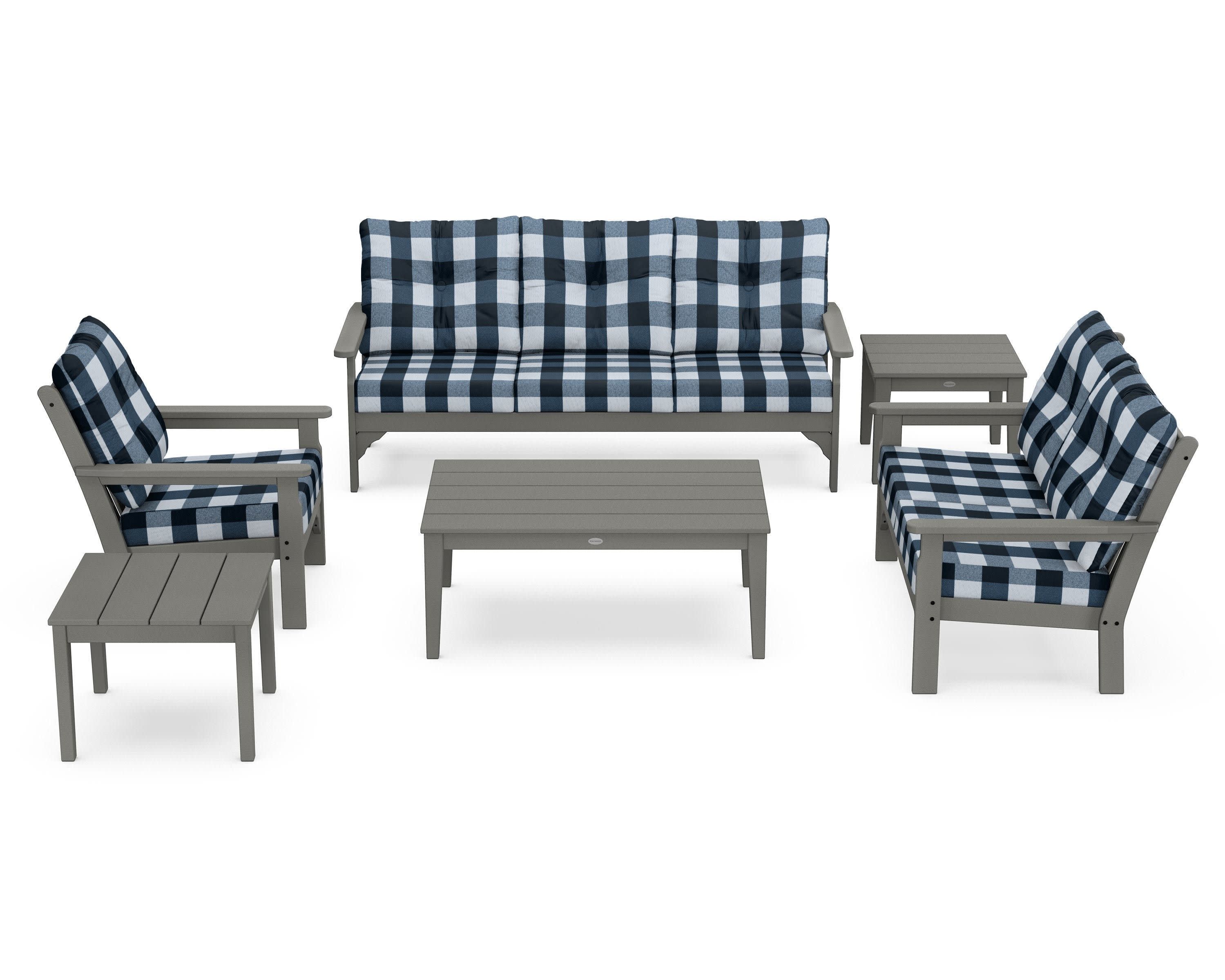 Vineyard 6-Piece Deep Seating Set in Slate Grey / Buffalo Plaid Marine Indigo