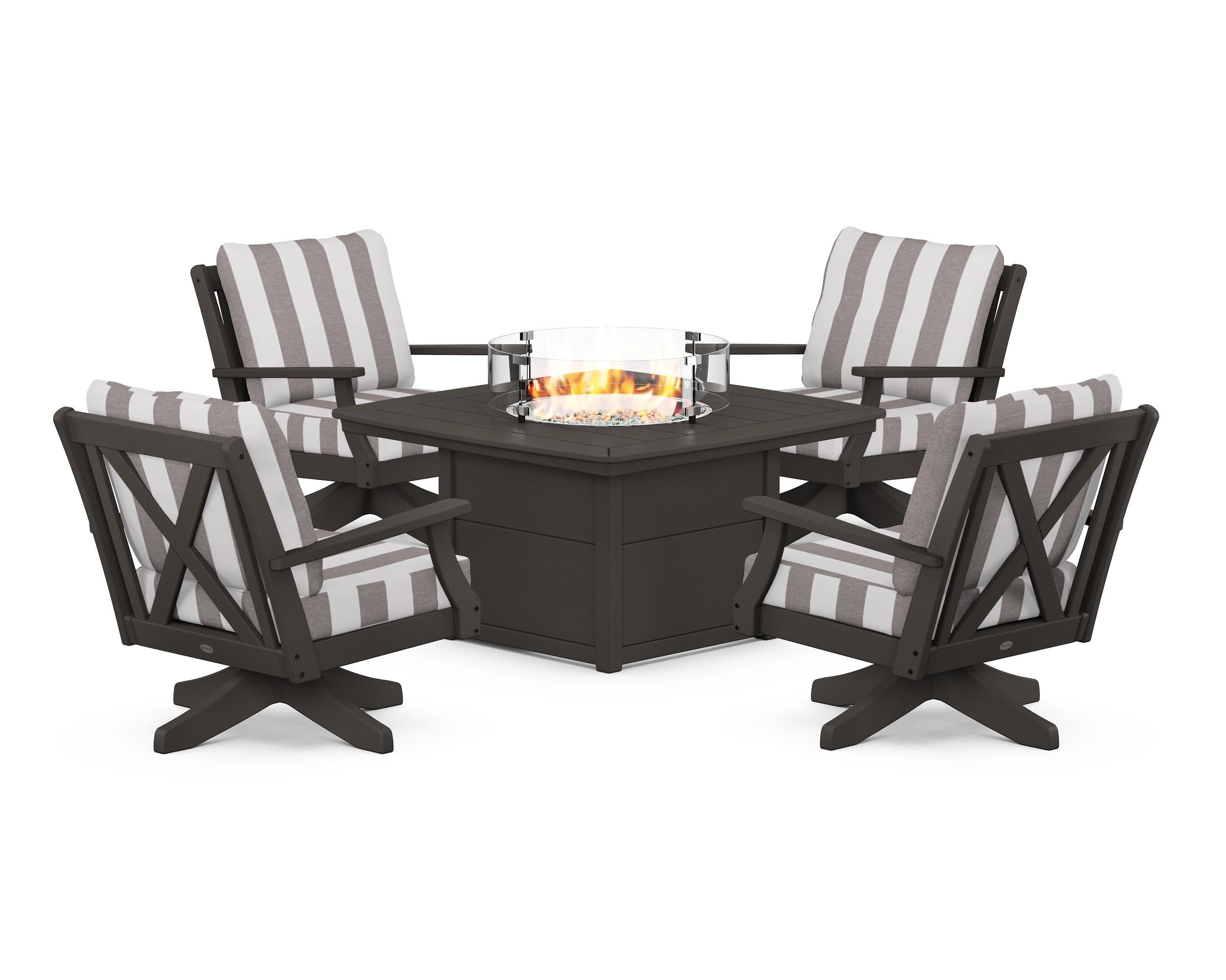 Braxton 5-Piece Deep Seating Swivel Conversation Set with Fire Pit Table in Vintage Coffee / Cabana Stripe Grey Mist
