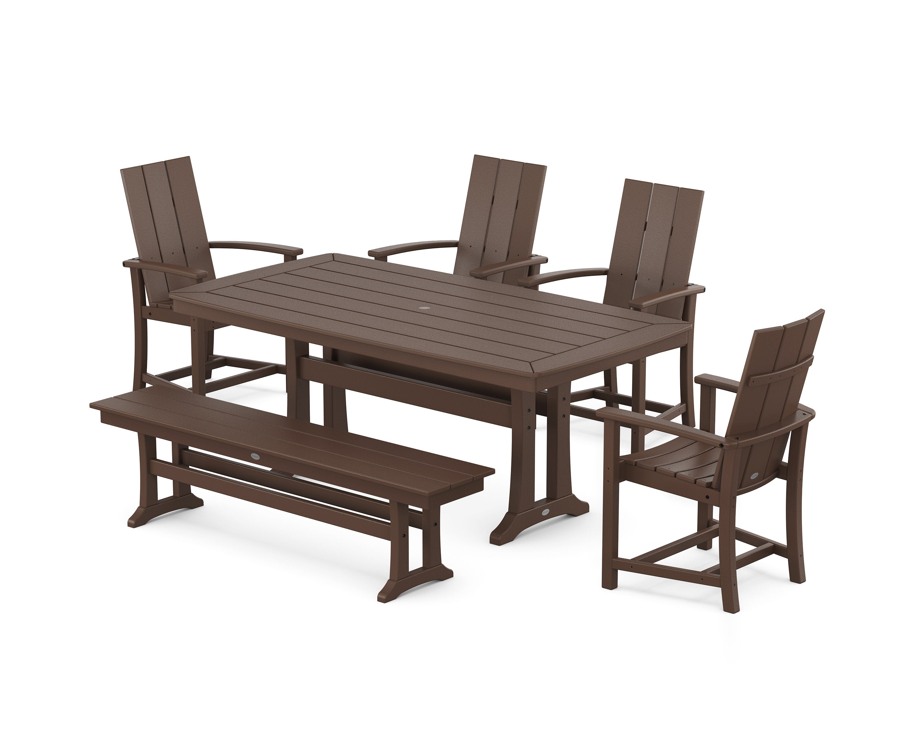 Modern Adirondack 6-Piece Dining Set with Trestle Legs and Bench in Mahogany