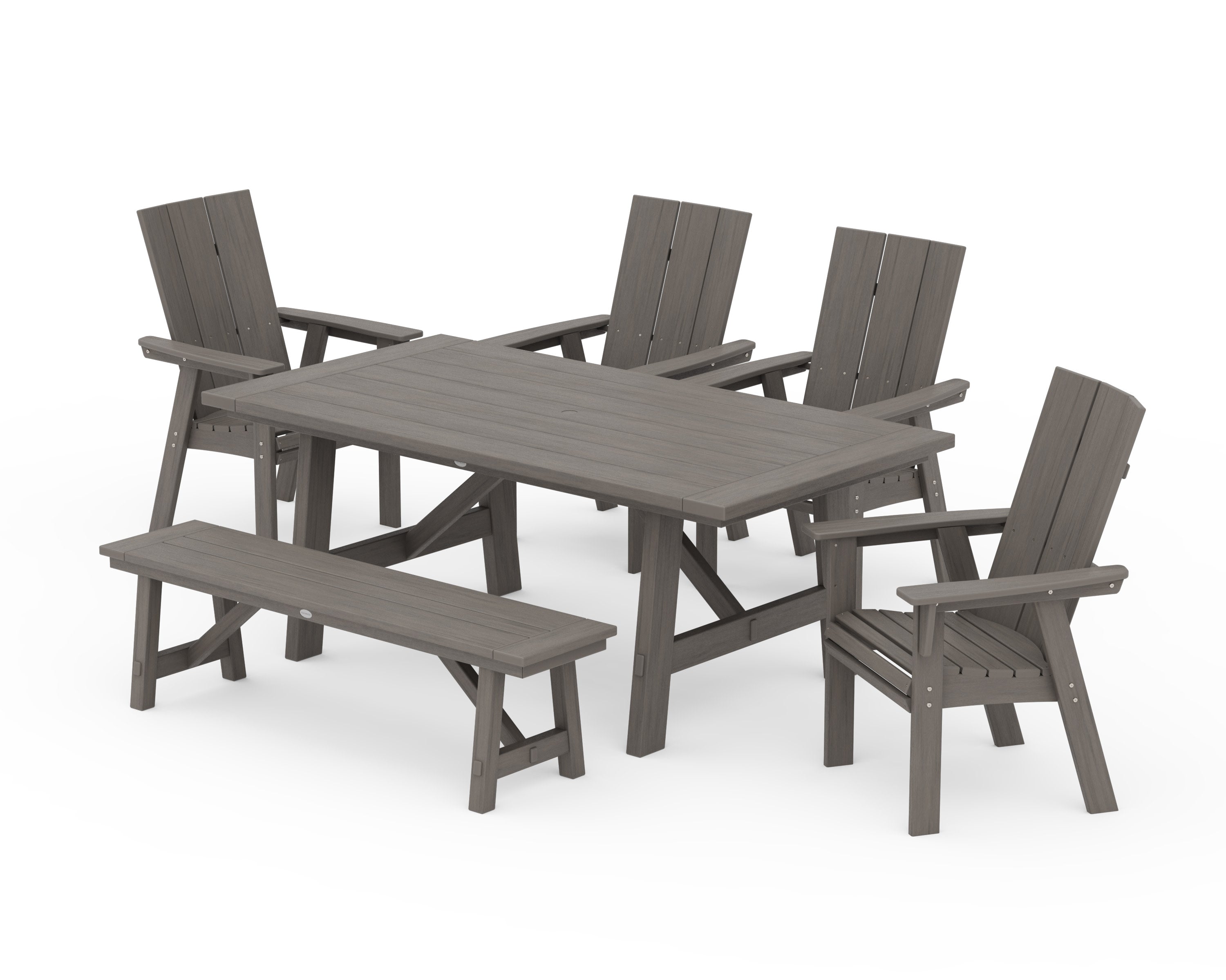 Modern Curveback Adirondack 6-Piece Rustic Farmhouse Dining Set with Bench in Driftwood