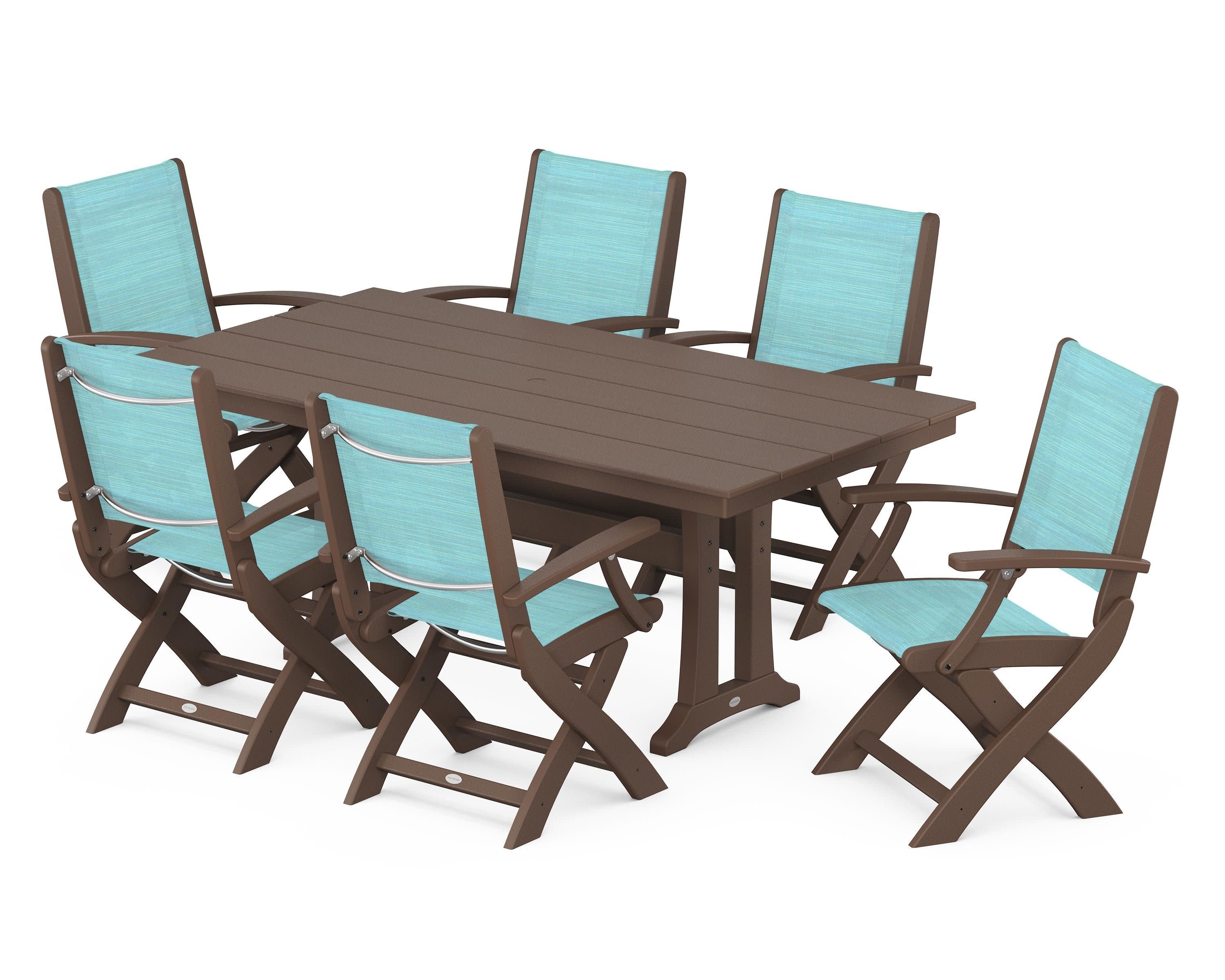 Coastal Folding Arm Chair 7-Piece Farmhouse Dining Set with Trestle Legs in Mahogany / Dupioni Aquamarine Sling
