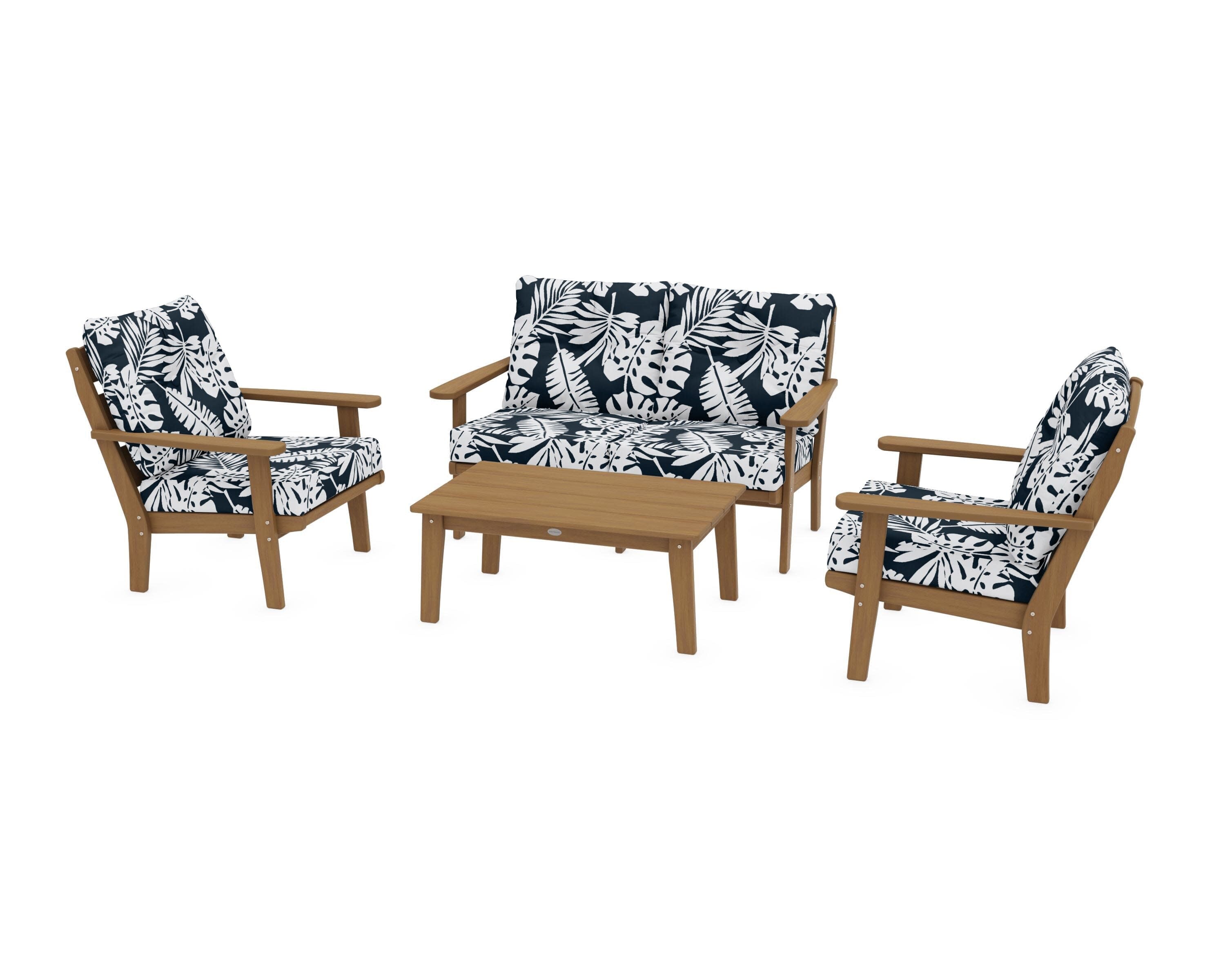 Lakeside 4-Piece Deep Seating Set in Natural / Leaf Marine Indigo