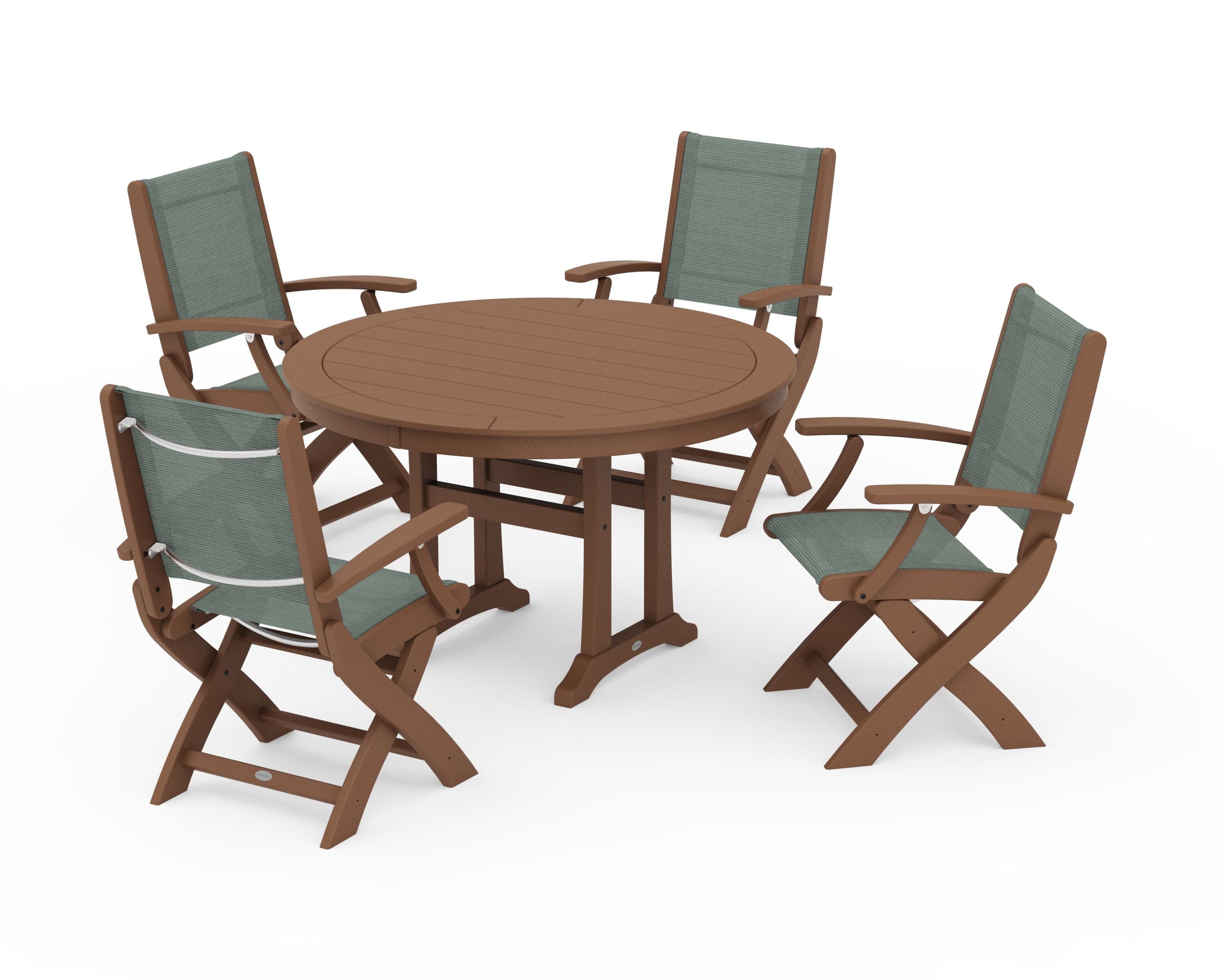 Coastal Folding Chair 5-Piece Round Dining Set with Trestle Legs in Teak / Dupioni Sea Mist Sling