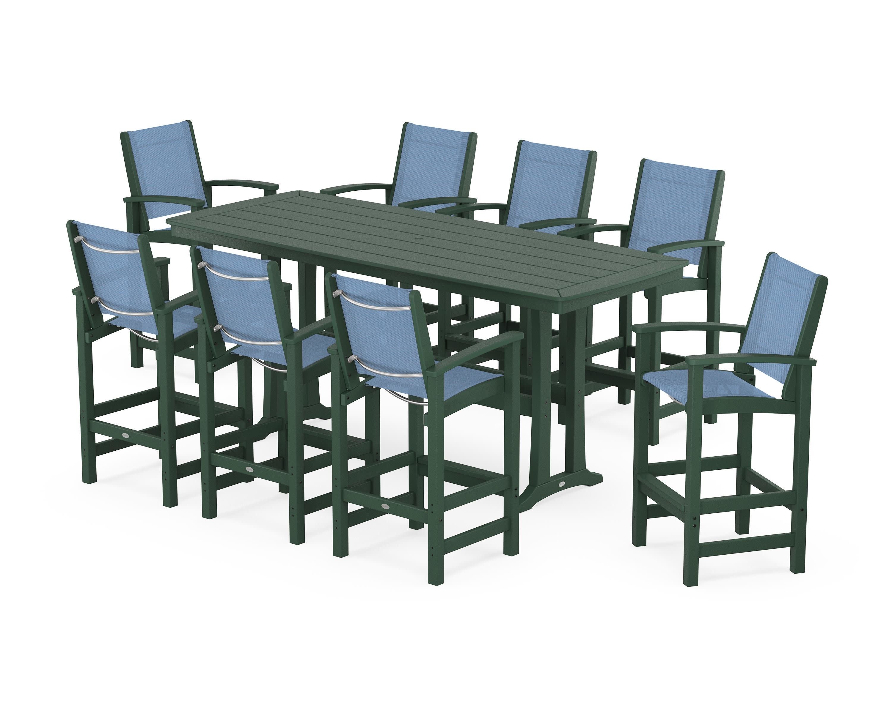 Coastal 9-Piece Bar Set with Trestle Legs in Green / Poolside Sling