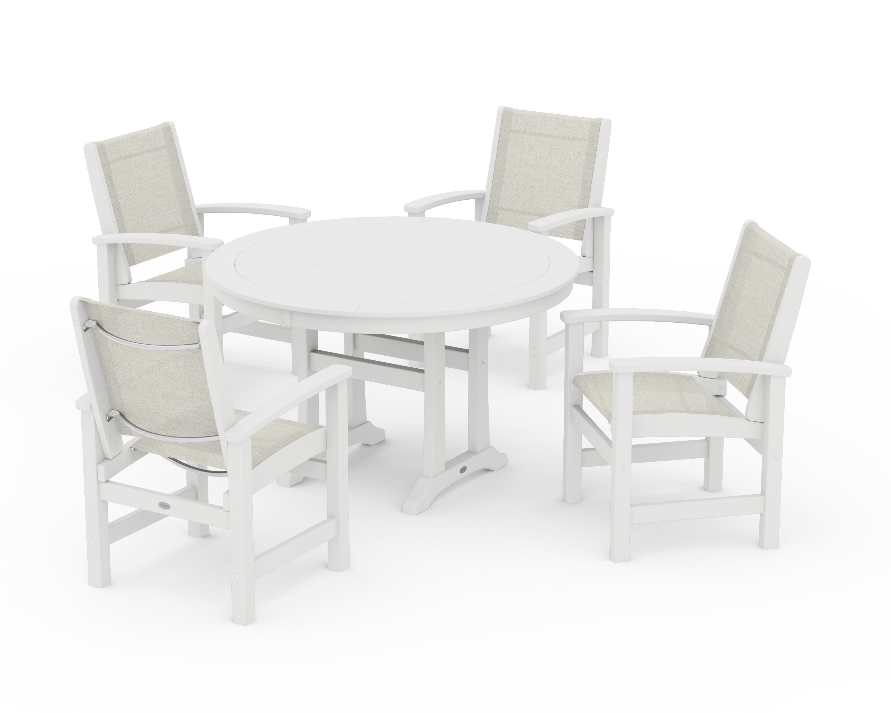 Coastal 5-Piece Round Dining Set with Trestle Legs in White / Parchment Sling