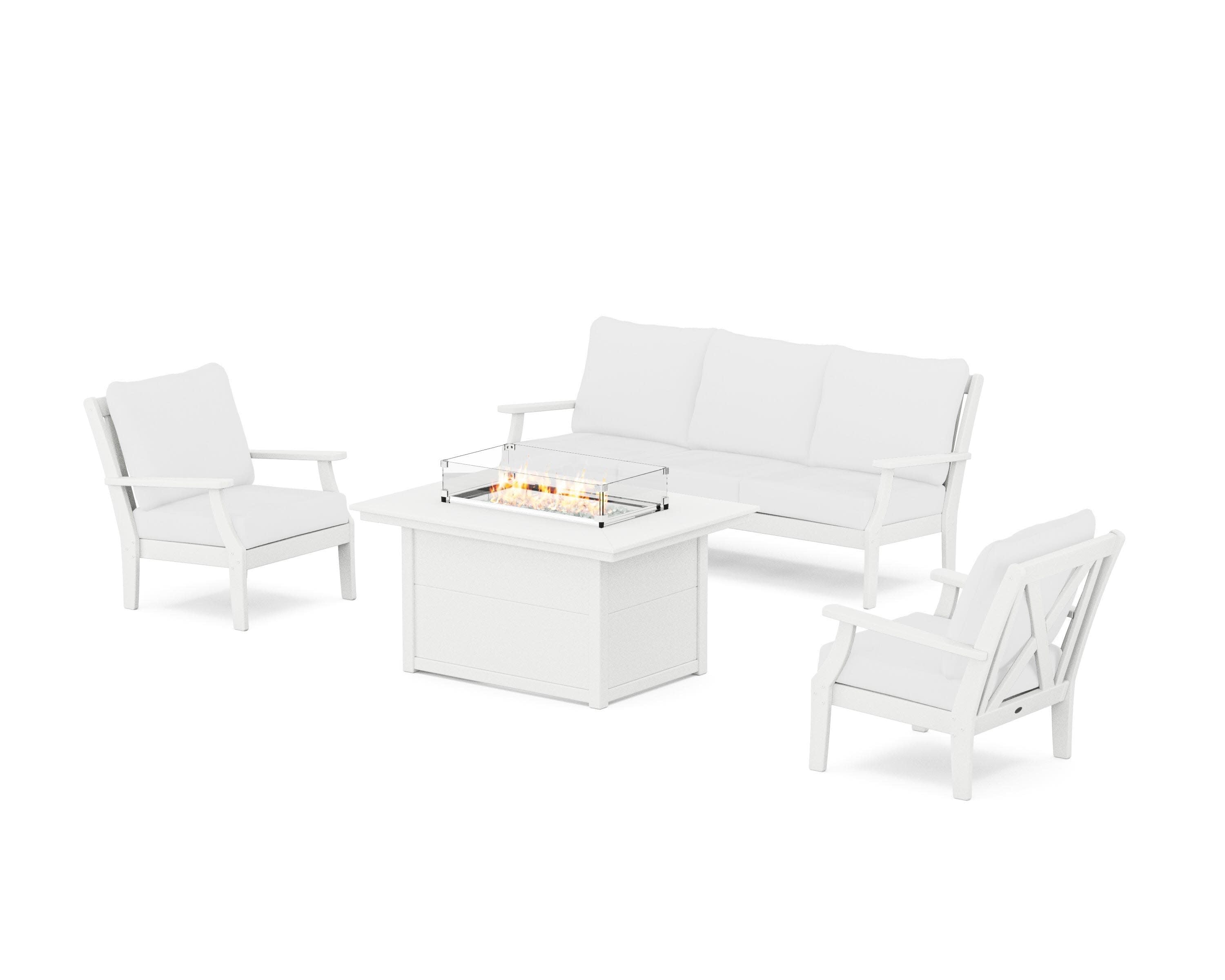 Braxton Deep Seating Fire Pit Table Set in White / Natural