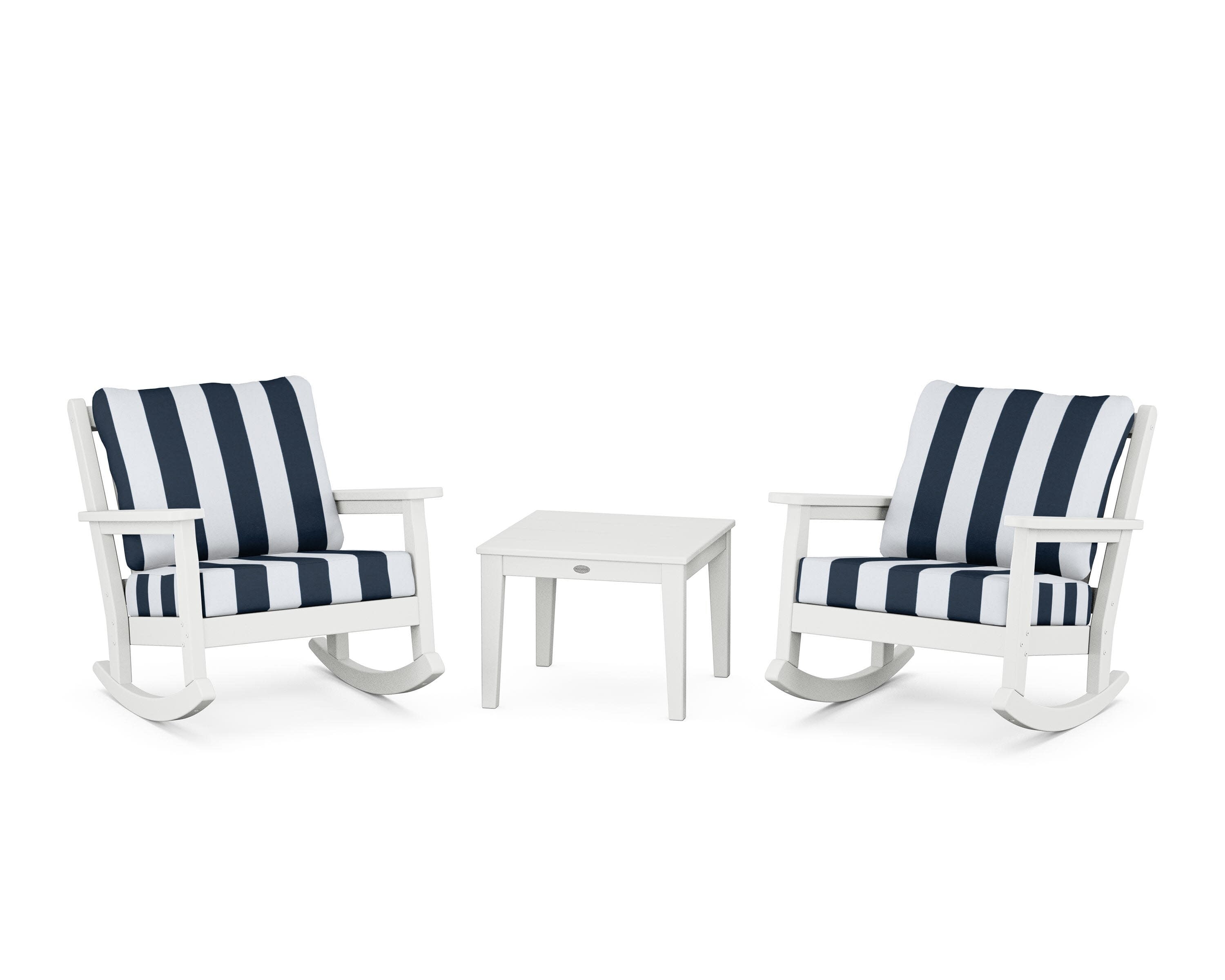 Chippendale 3-Piece Deep Seating Rocker Set in White / Cabana Stripe Marine Indigo