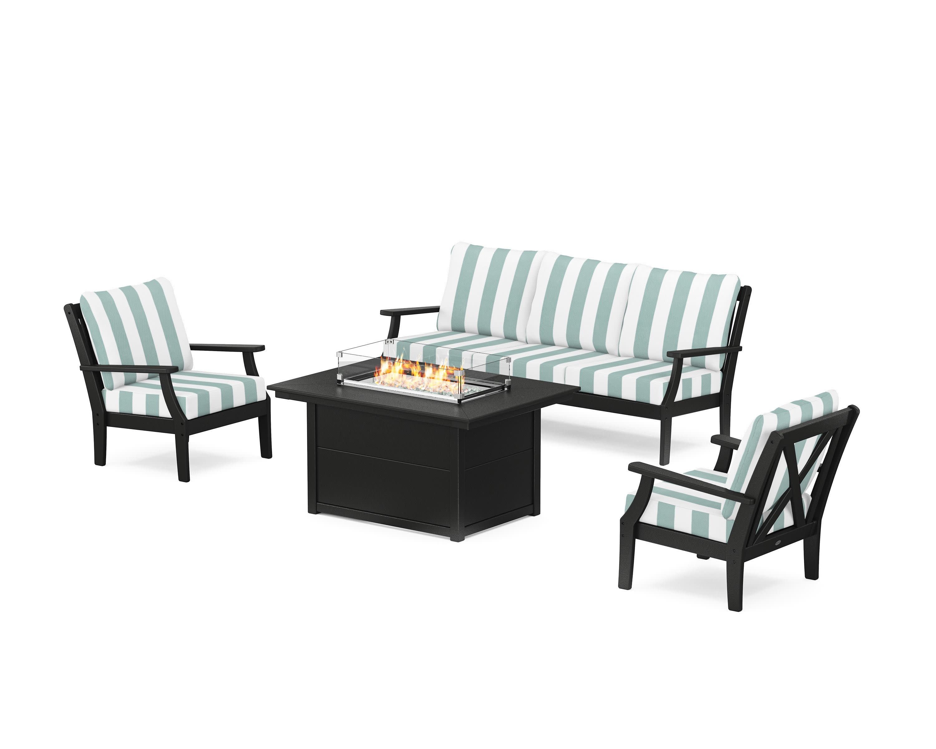 Braxton Deep Seating Fire Pit Table Set in Black / Cabana Stripe Glacier Spa