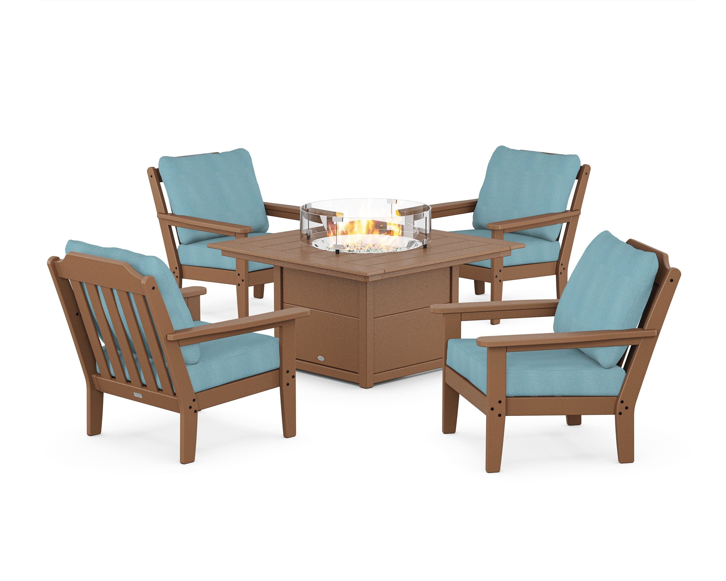 Cottage 5-Piece Deep Seating Set with Fire Pit Table in Teak / Lattice Sky Blue