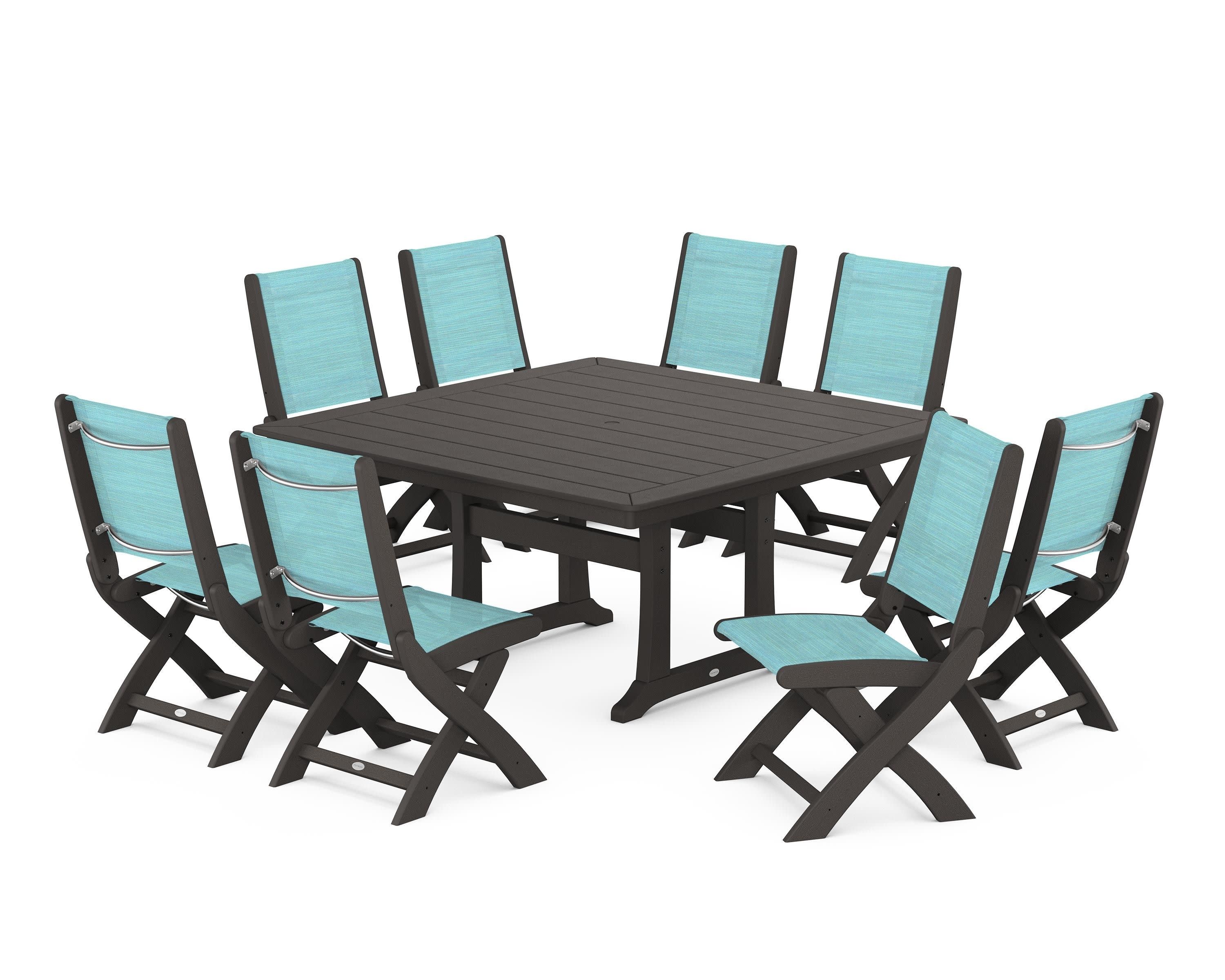 Coastal Folding Side Chair 9-Piece Dining Set with Trestle Legs in Vintage Coffee / Dupioni Aquamarine Sling
