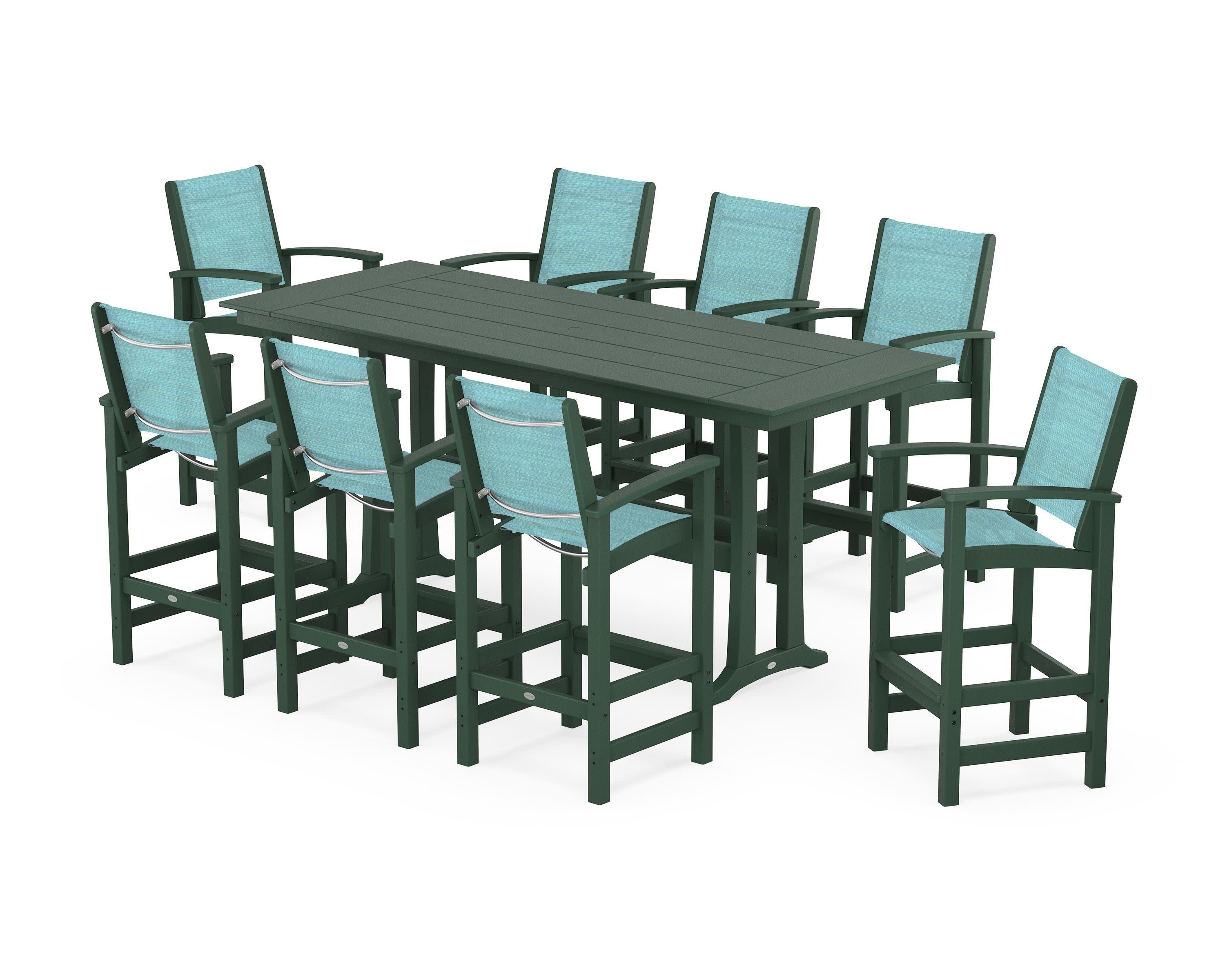 Coastal 9-Piece Farmhouse Bar Set with Trestle Legs in Green / Dupioni Aquamarine Sling