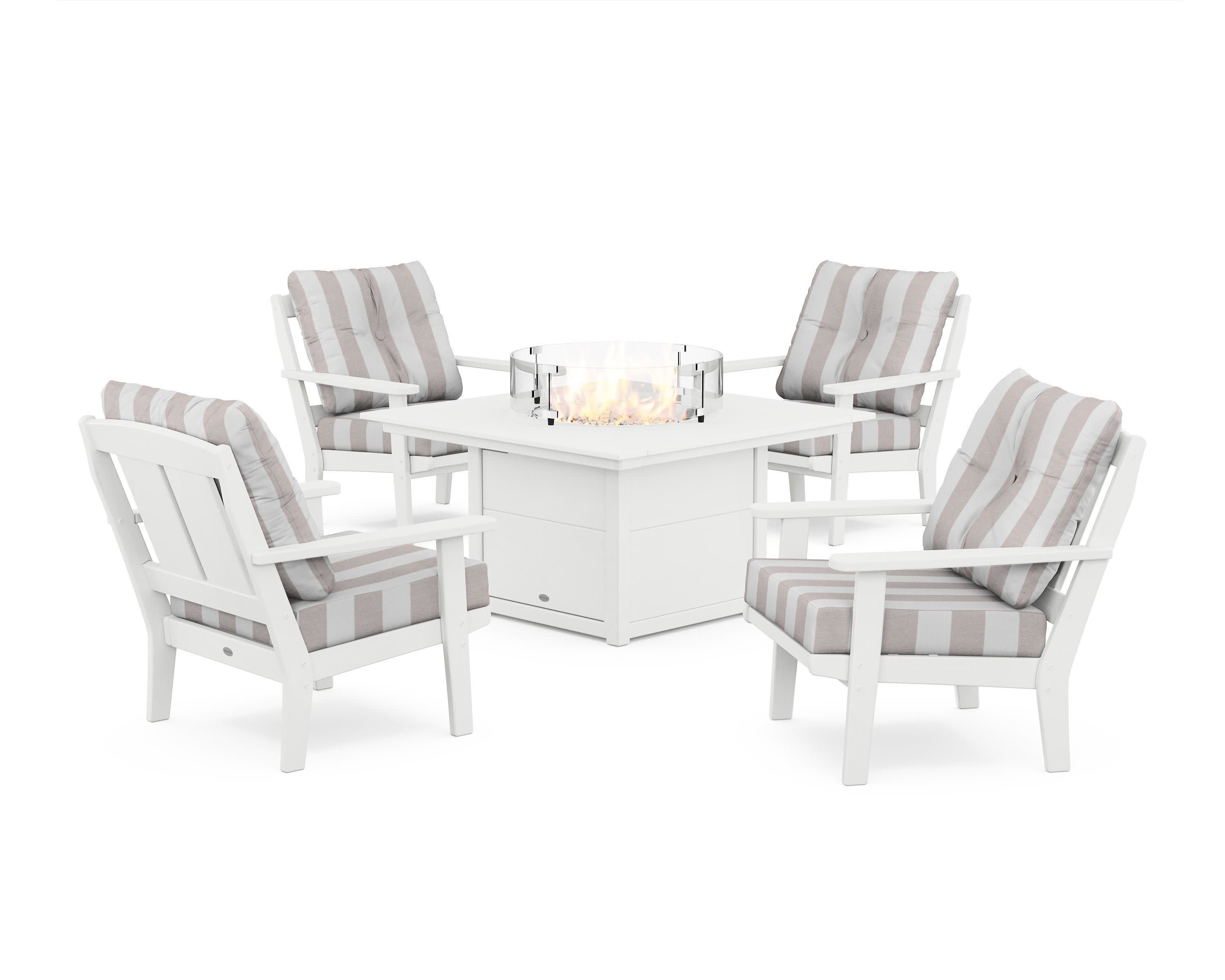 Mission 5-Piece Deep Seating Set with Fire Pit Table in White / Cabana Stripe Dune Burlap