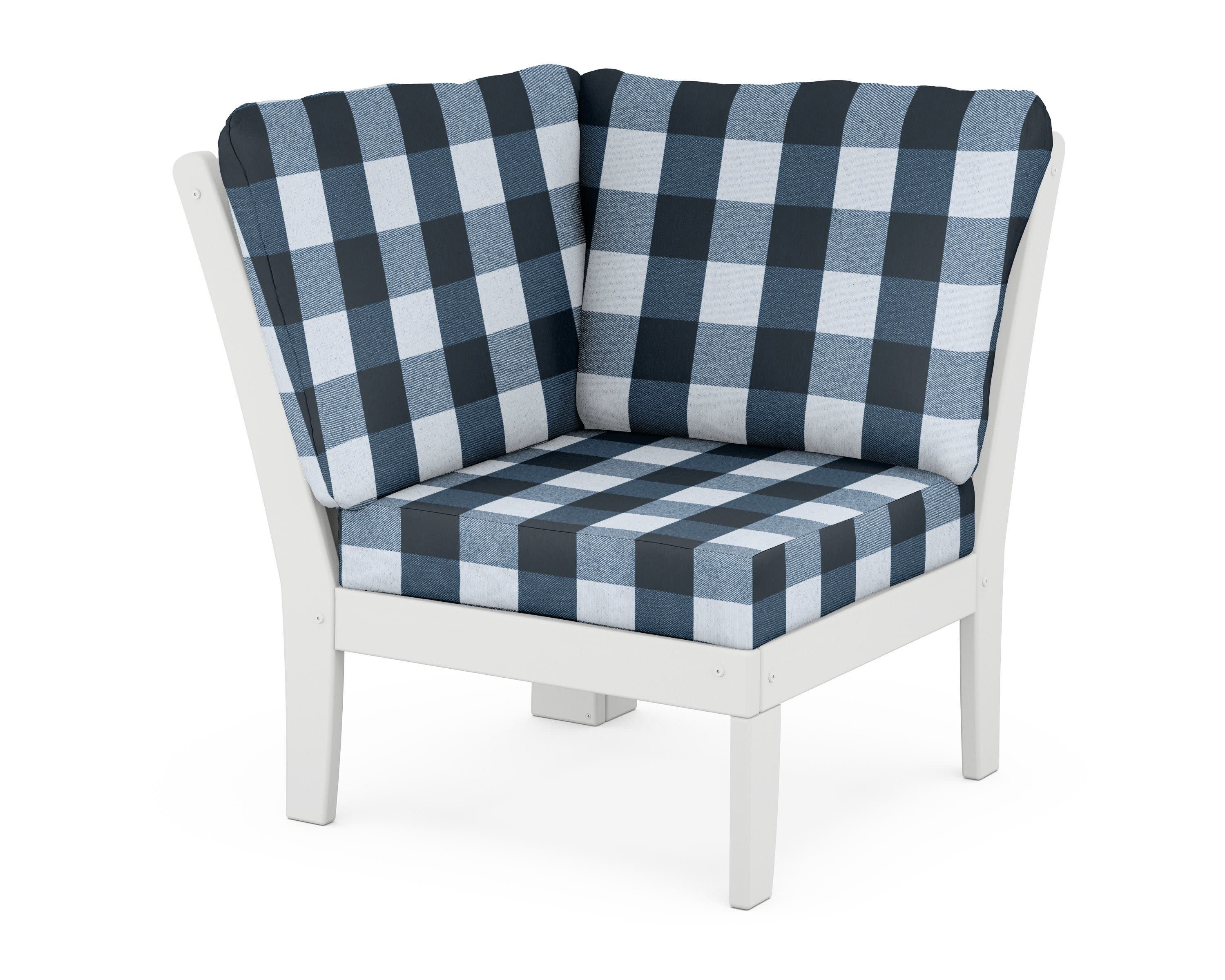 Braxton Modular Corner Chair in White / Buffalo Plaid Marine Indigo