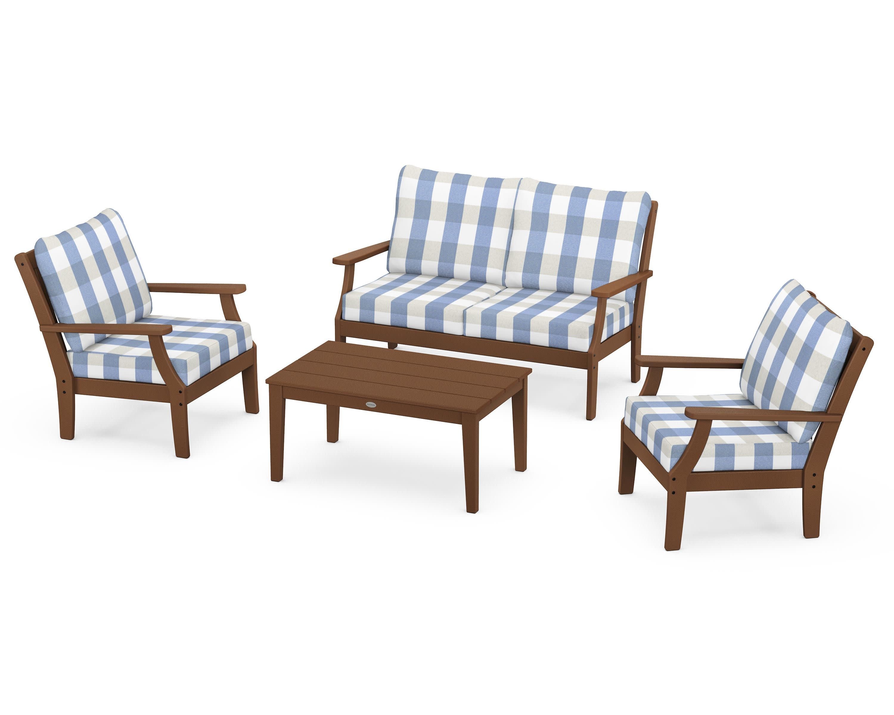 Braxton 4-Piece Deep Seating Chair Set in Teak / Buffalo Plaid Sky Blue