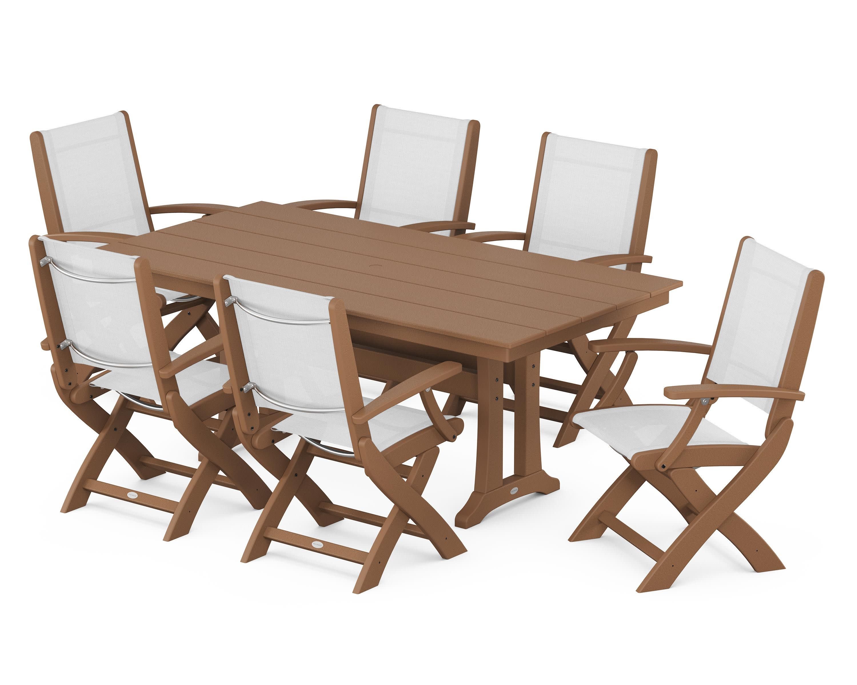 Coastal Folding Arm Chair 7-Piece Farmhouse Dining Set with Trestle Legs in Teak / White Sling