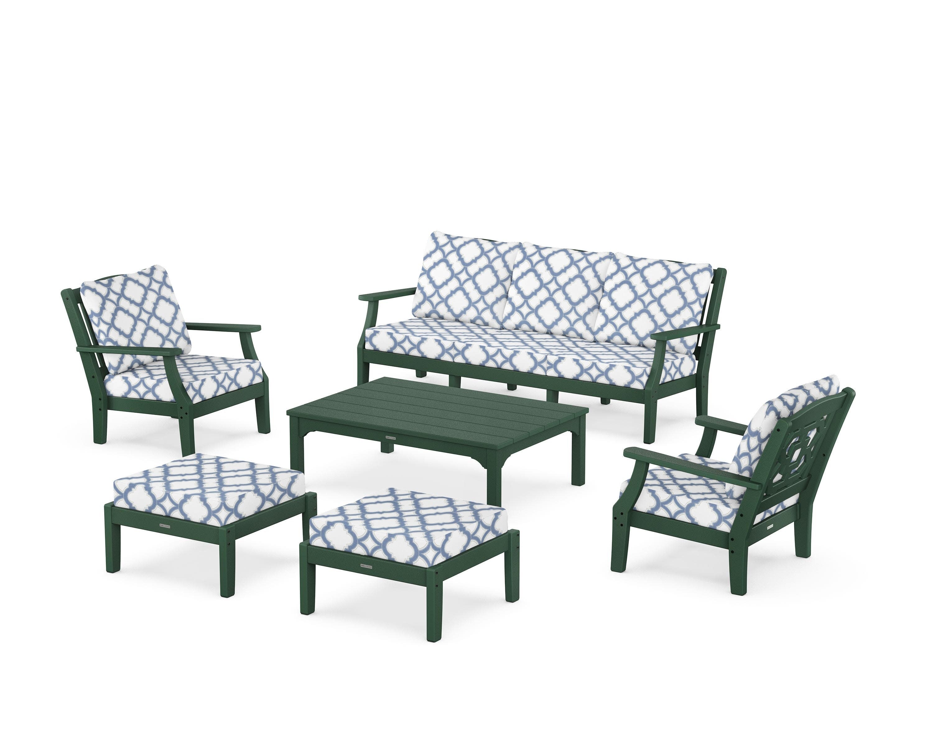 Chinoiserie 6-Piece Lounge Sofa Set in Green / Trellis Sky Blue
