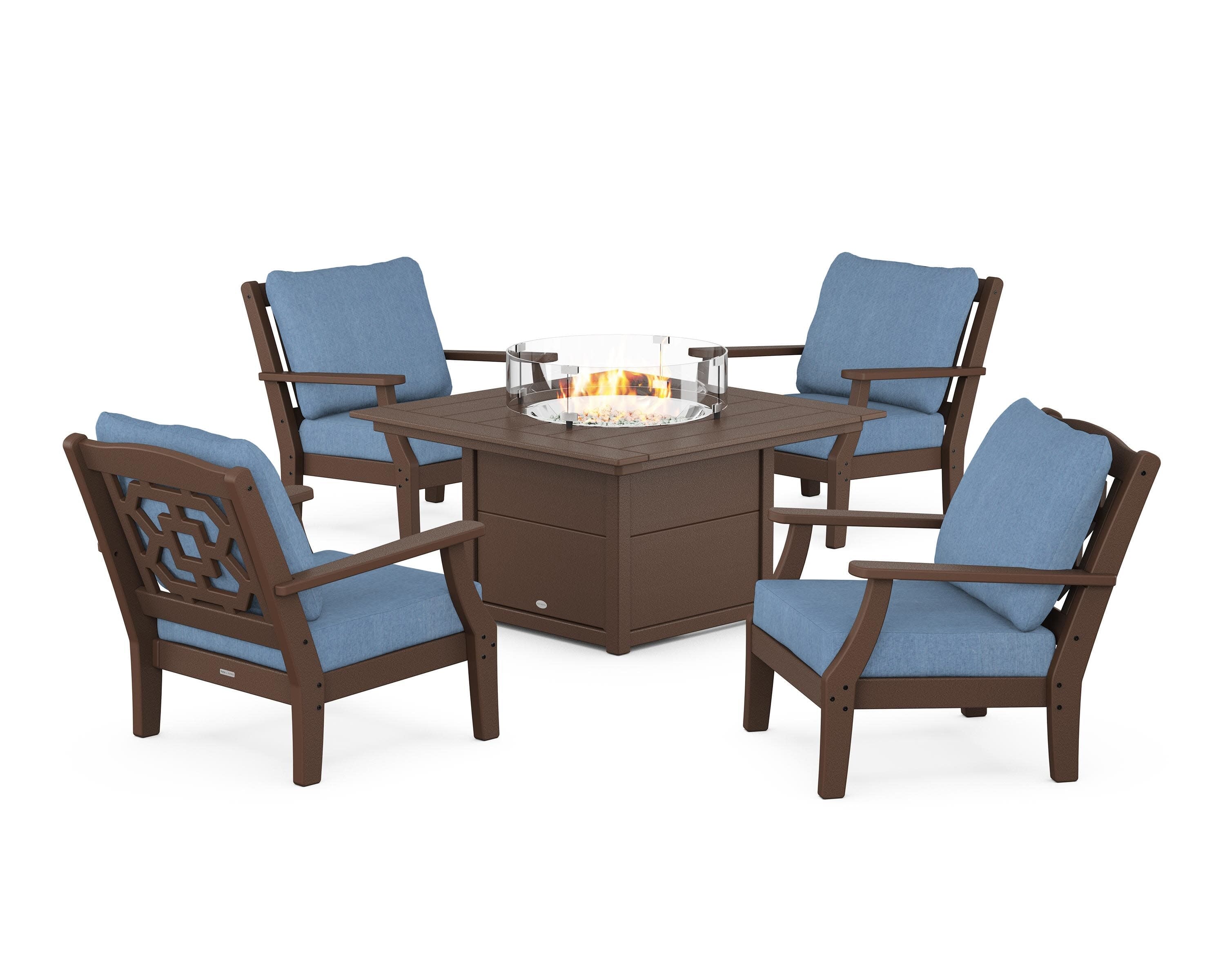 Chinoiserie 5-Piece Deep Seating Set with Fire Pit Table in Mahogany / Sky Blue
