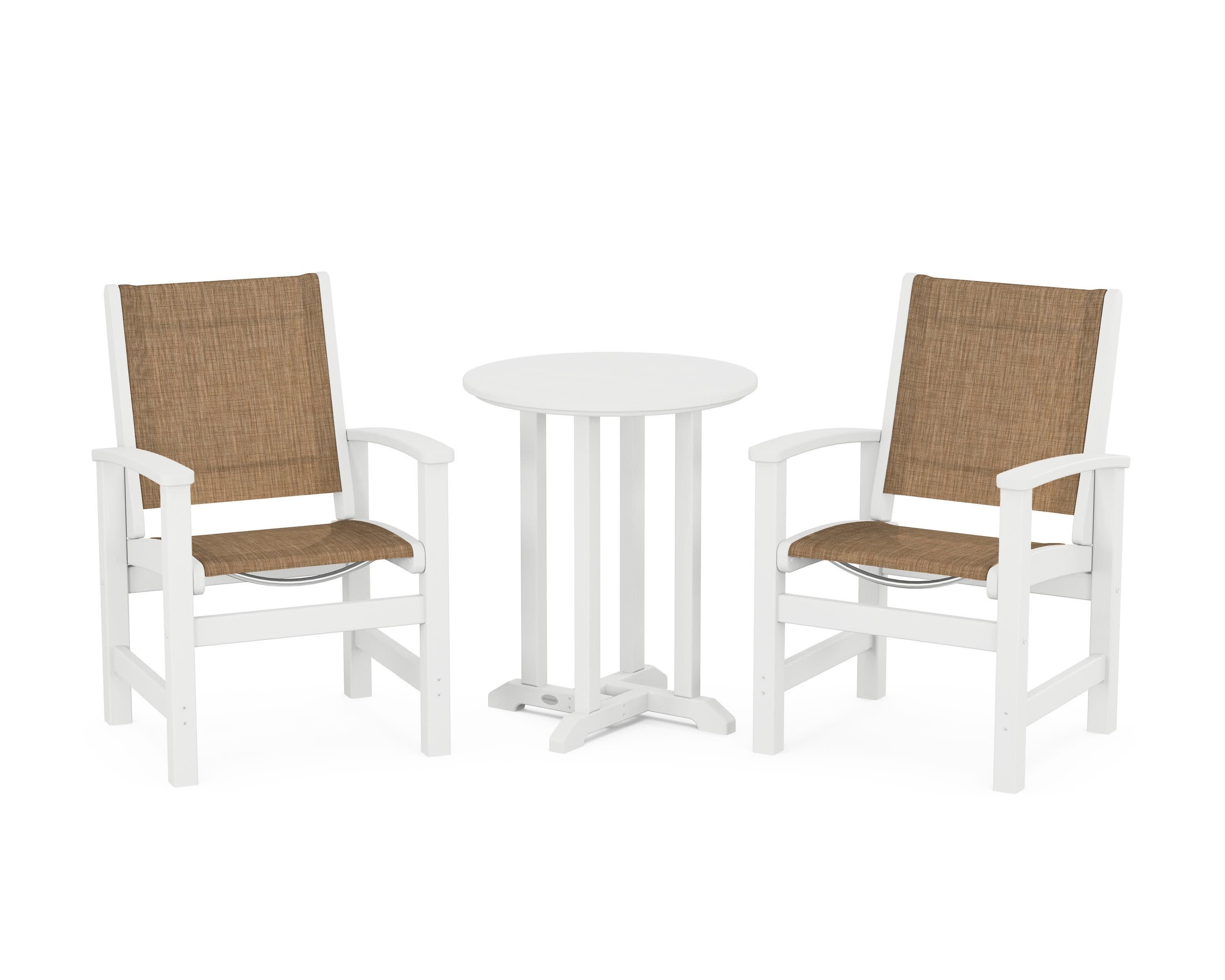 Coastal 3-Piece Round Bistro Dining Set in White / Burlap Sling