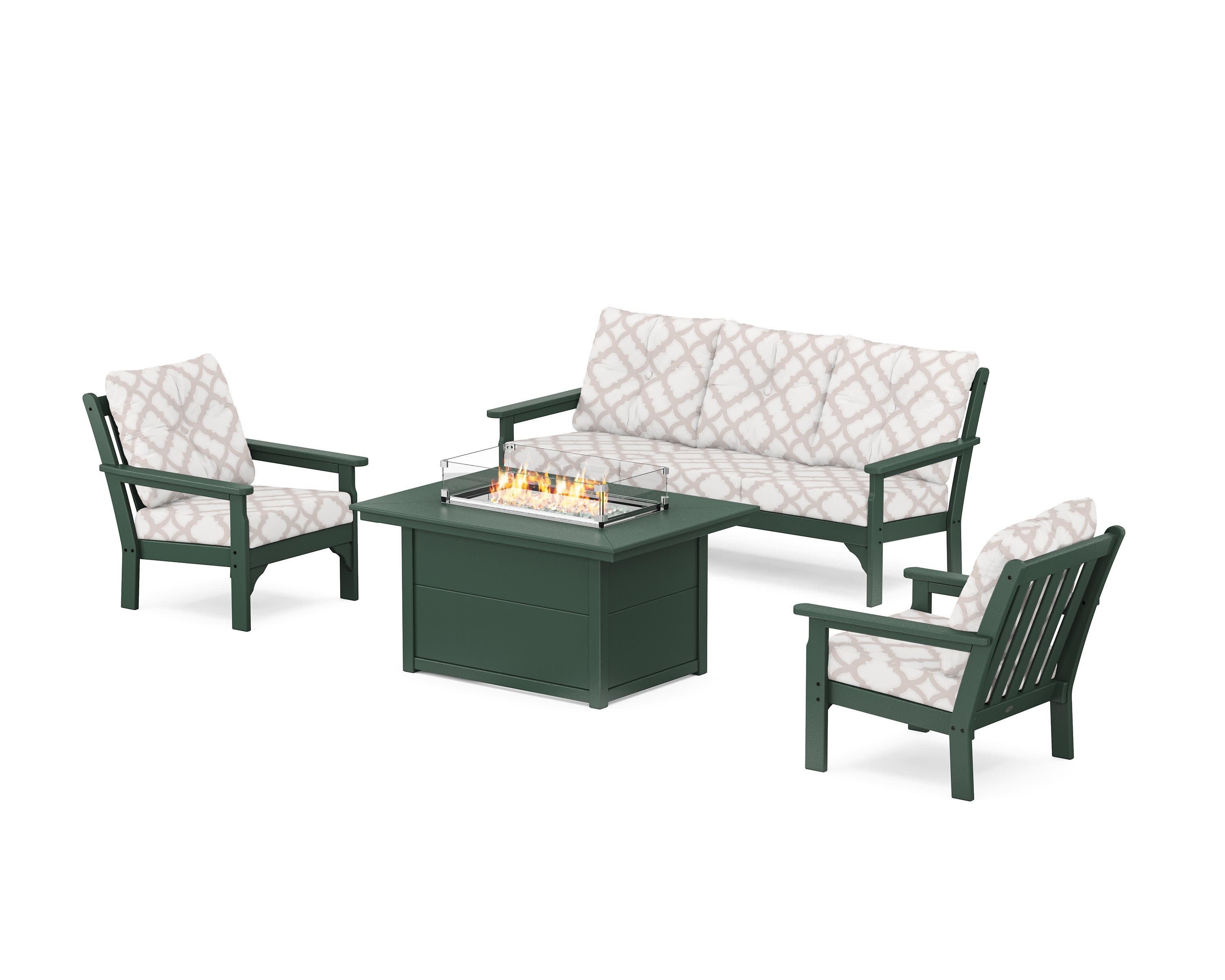 Vineyard Deep Seating Fire Pit Table Set in Green / Trellis Dune Burlap