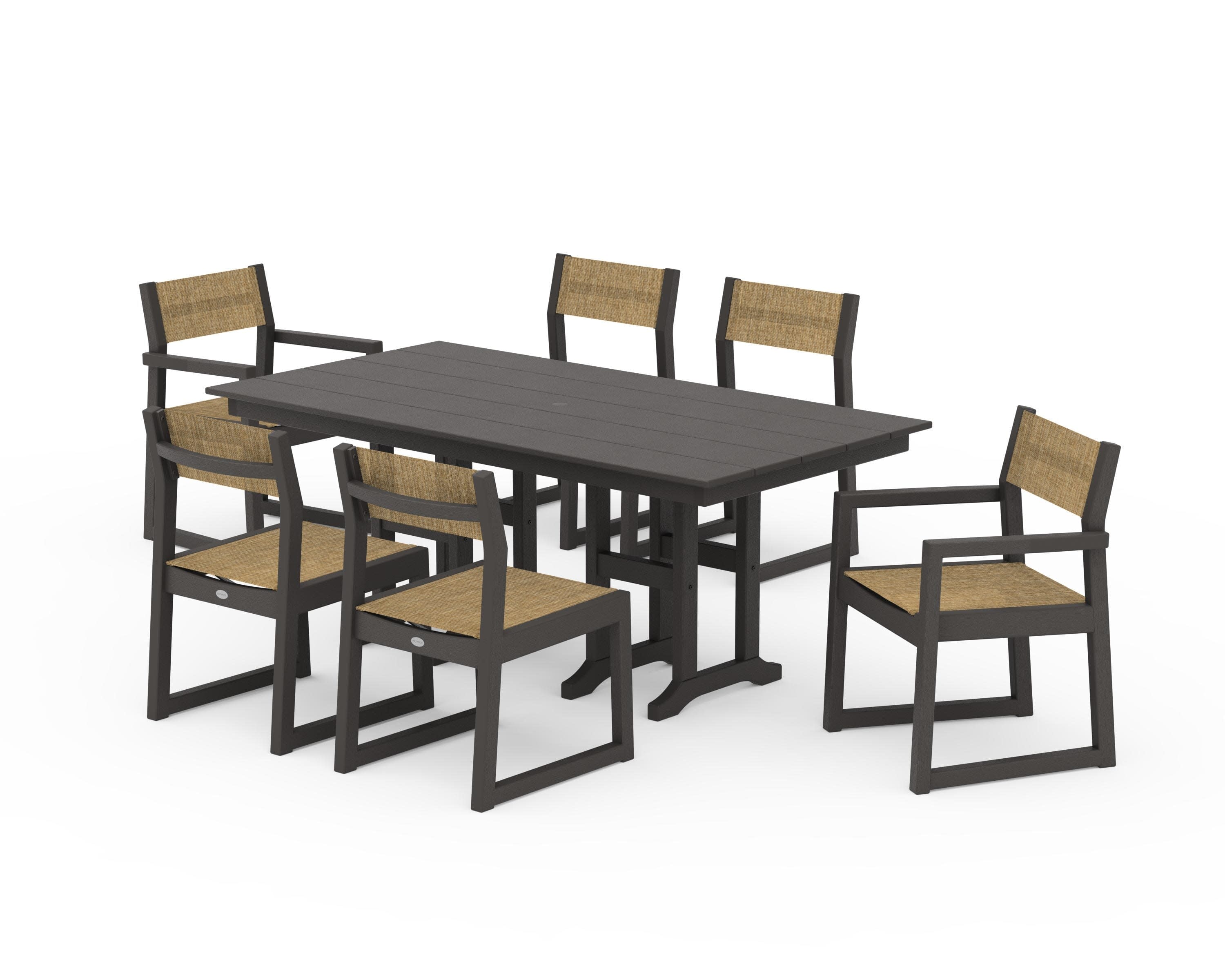 EDGE Sling 7-Piece Farmhouse Dining Set in Vintage Coffee / Burlap Sling