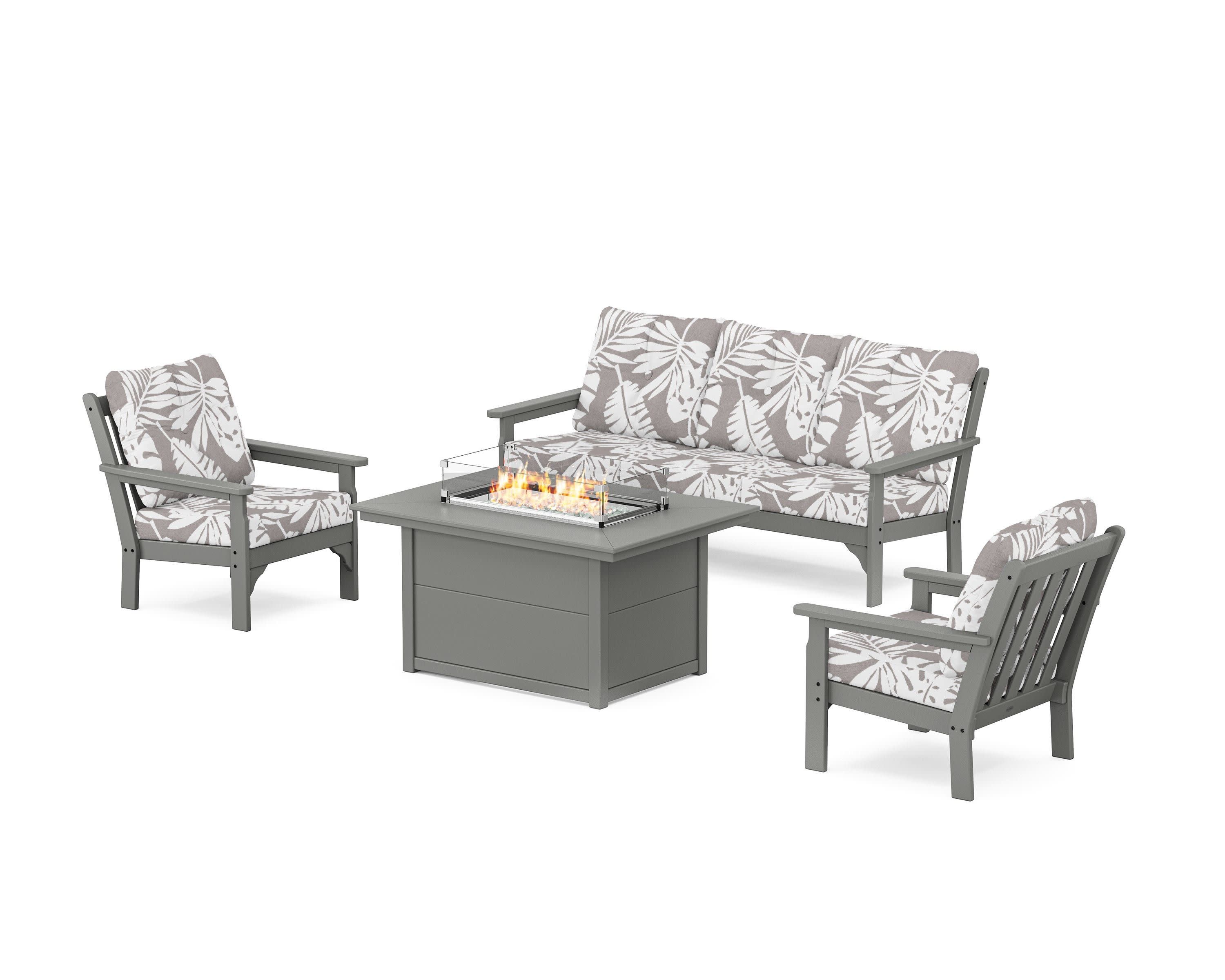 Vineyard Deep Seating Fire Pit Table Set in Slate Grey / Leaf Grey Mist