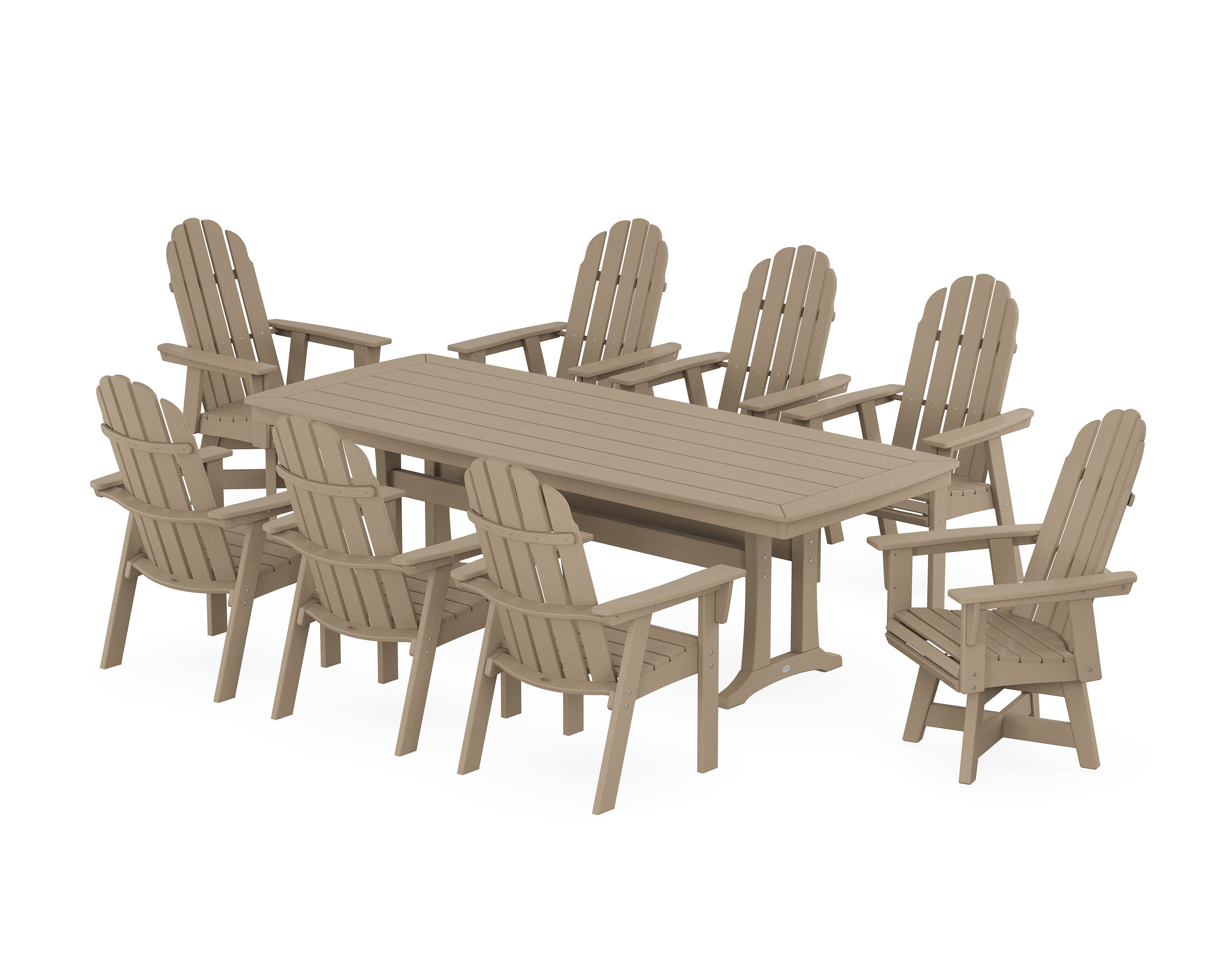 Vineyard Curveback Adirondack Swivel 9-Piece Dining Set with Trestle Legs in Vintage Sahara