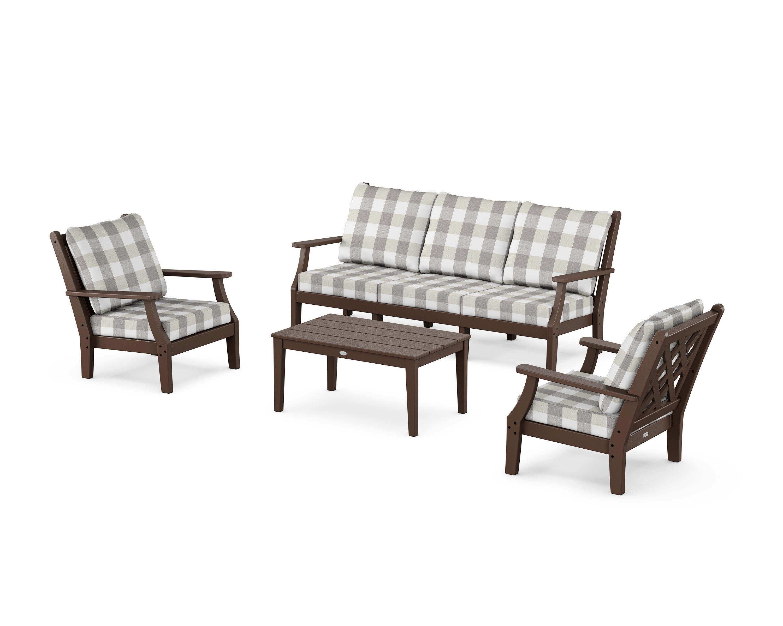 Wovendale 4-Piece Deep Seating Set with Sofa in Mahogany / Buffalo Plaid Grey Mist