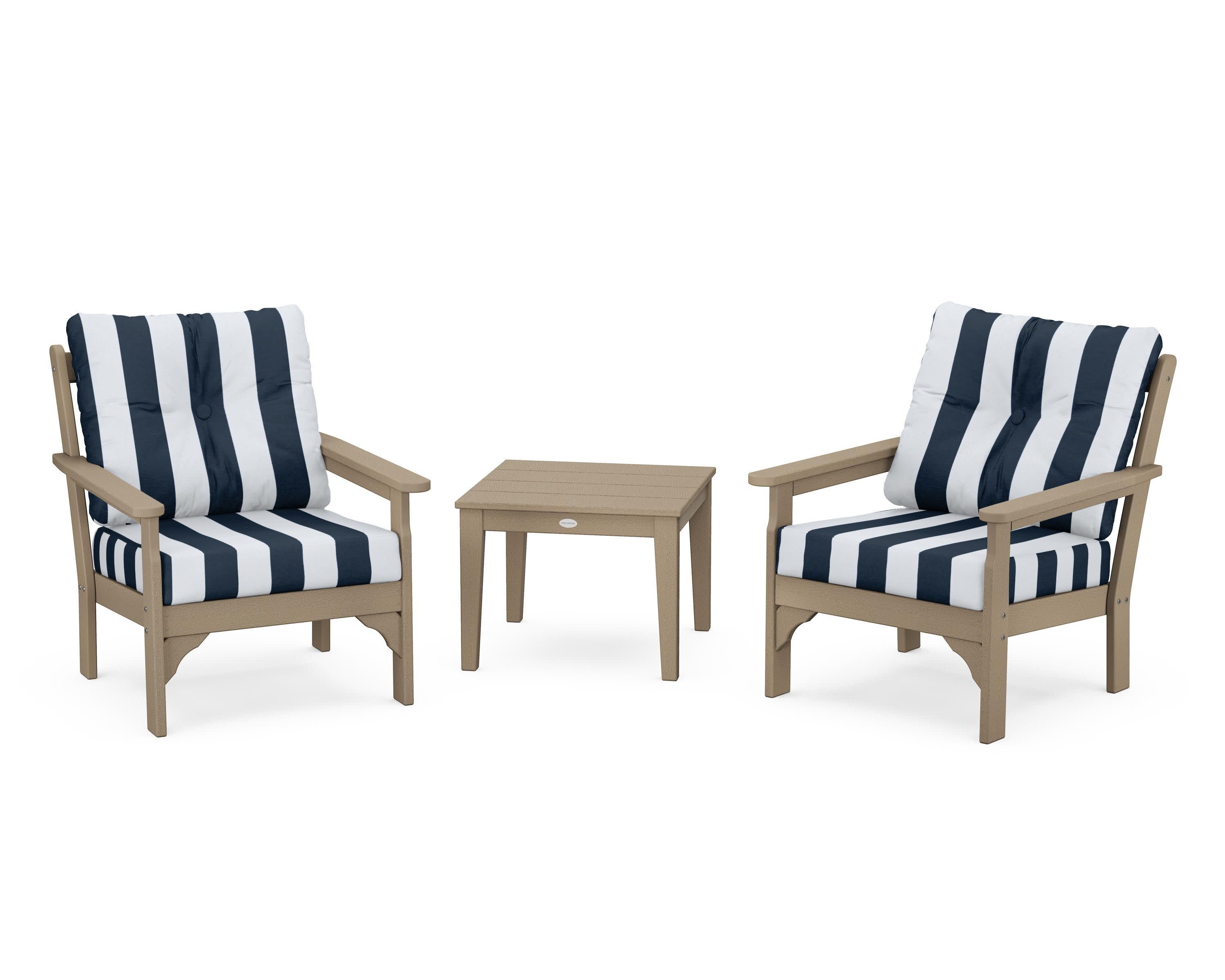 Vineyard 3-Piece Deep Seating Set in Vintage Sahara / Cabana Stripe Marine Indigo
