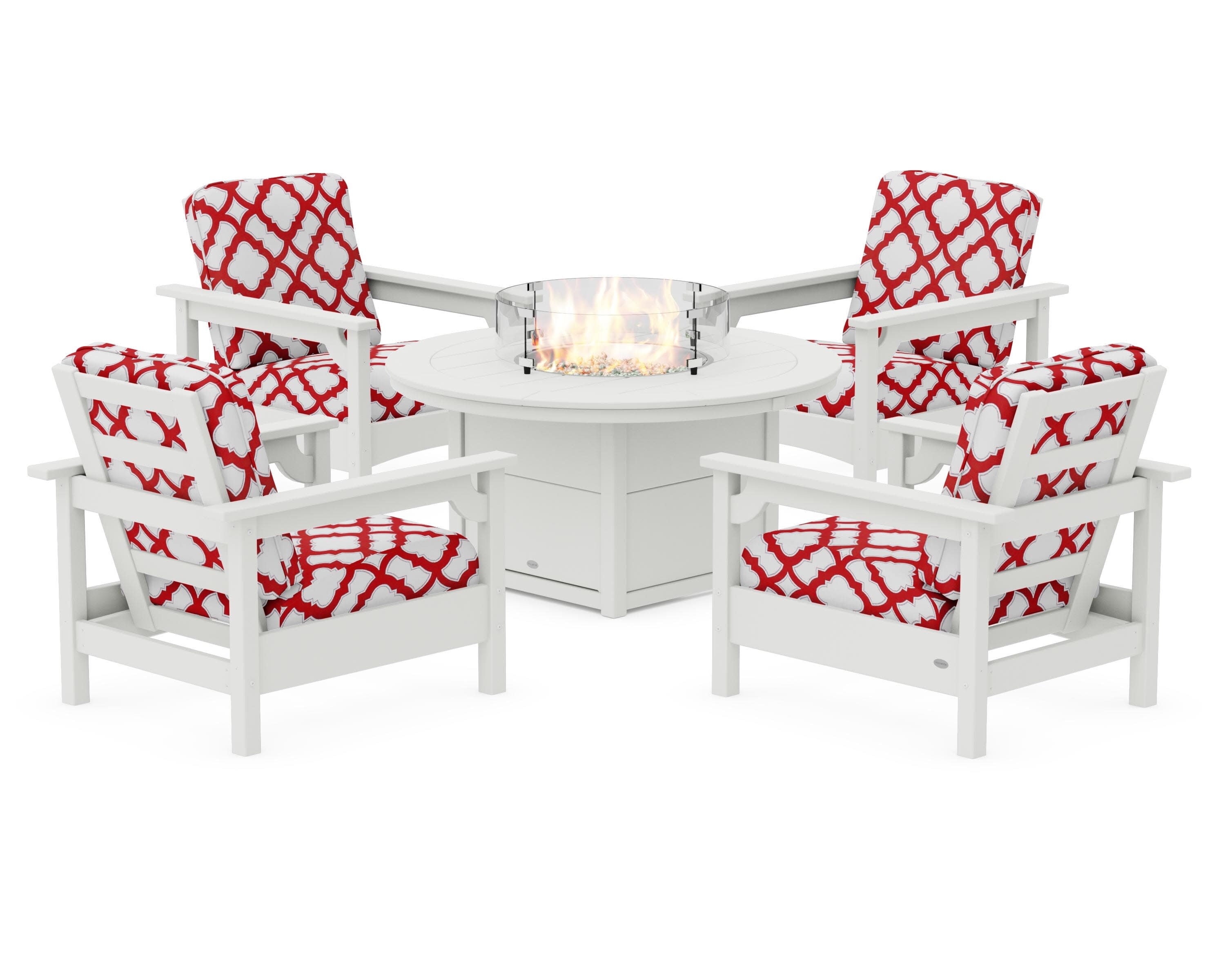 Club 5-Piece Conversation Set with Fire Pit Table in Vintage White / Trellis Crimson