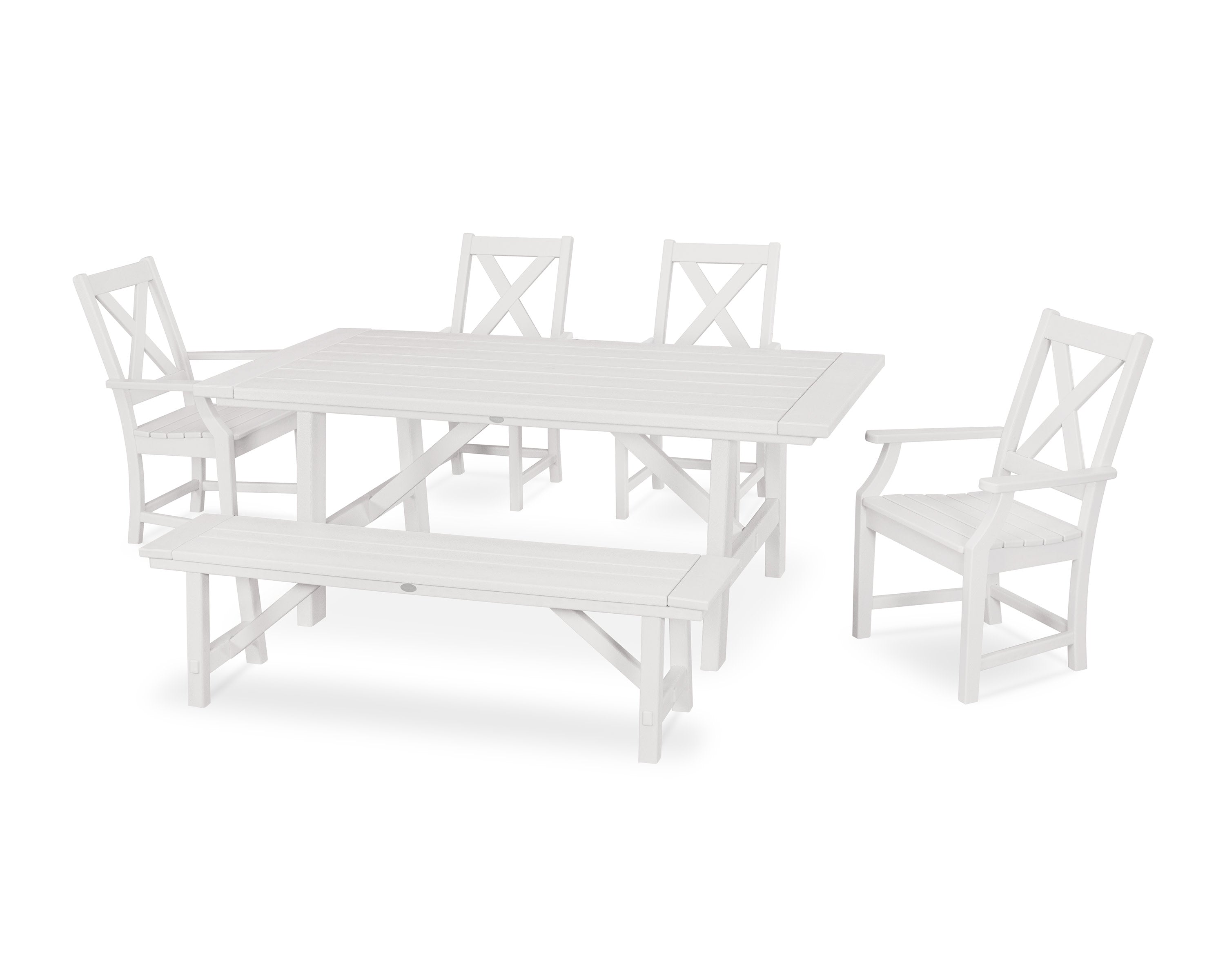 Braxton 6-Piece Rustic Farmhouse Arm Chair Dining Set with Bench in White