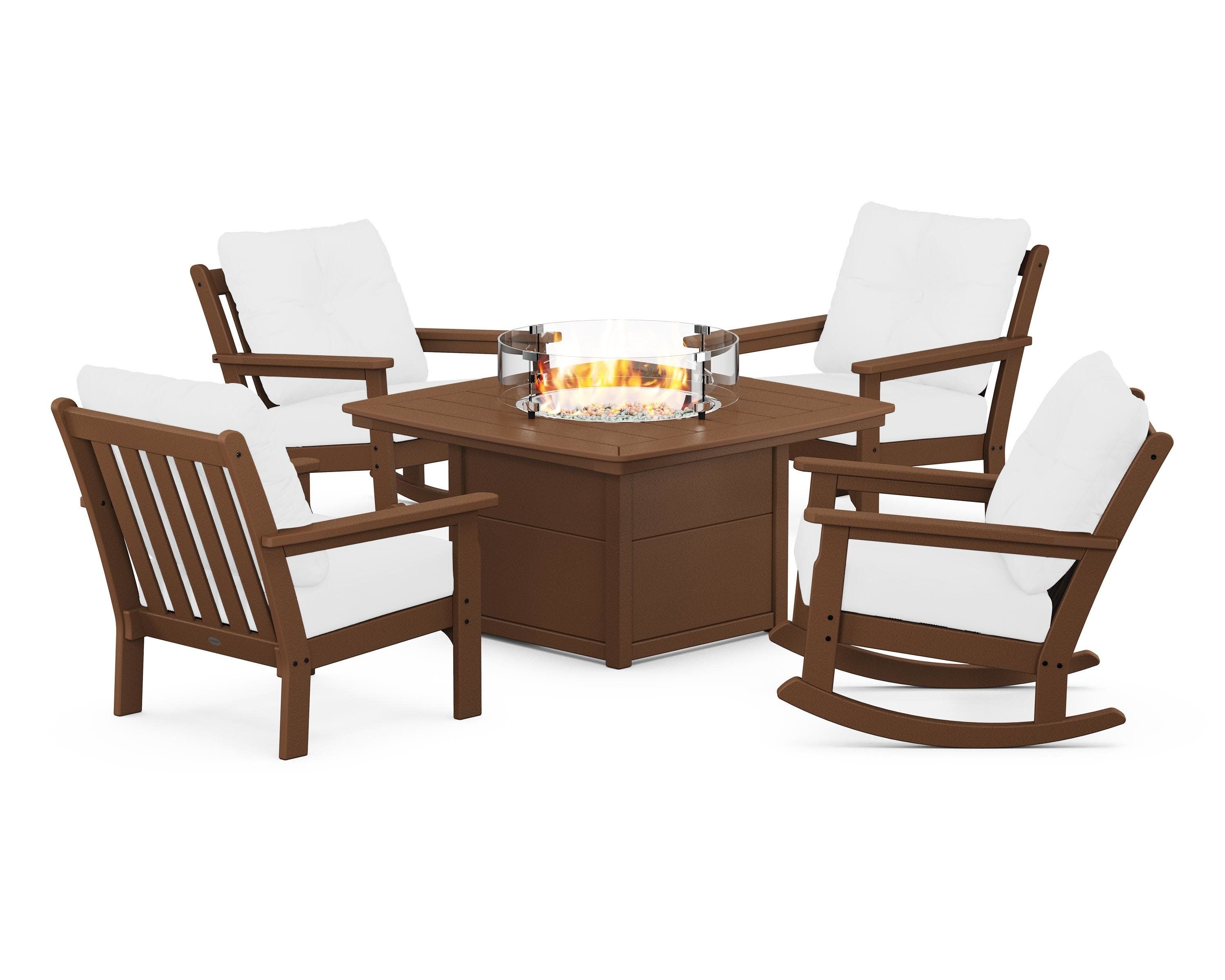 Vineyard 5-Piece Deep Seating Rocking Chair Conversation Set with Fire Pit Table in Teak / Natural