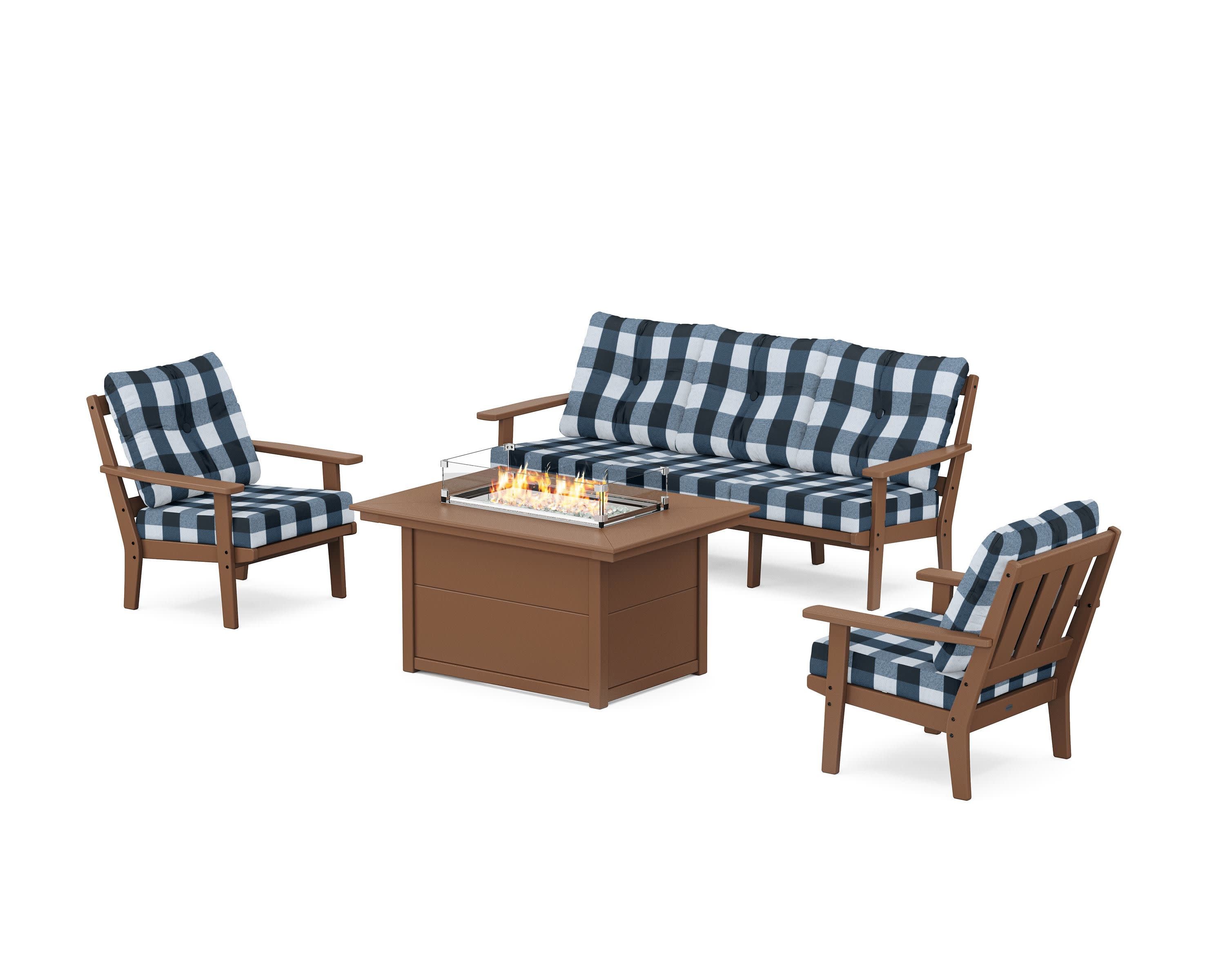 Oxford Deep Seating Fire Pit Table Set in Teak / Buffalo Plaid Marine Indigo