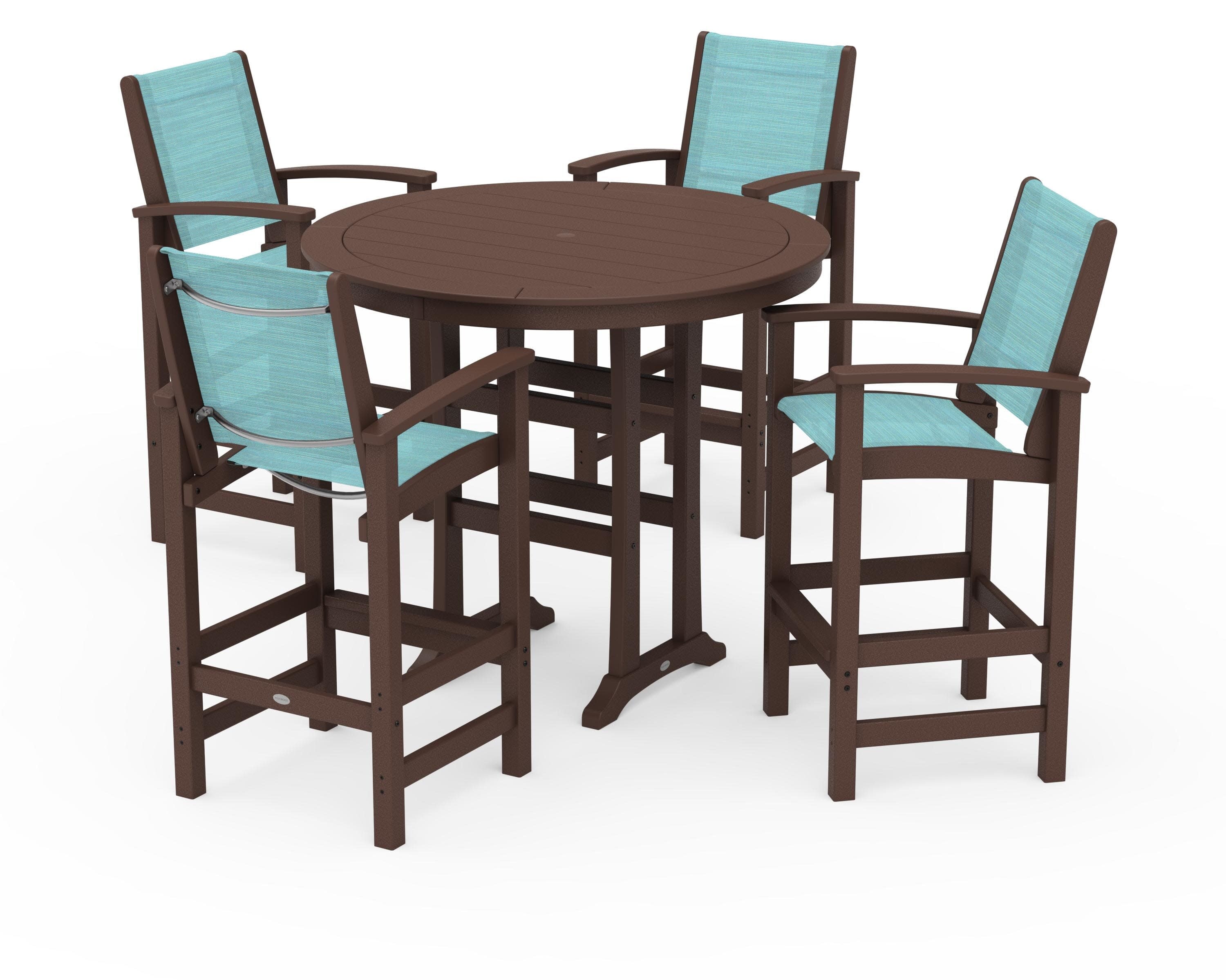 Coastal 5-Piece Nautical Trestle Bar Set in Mahogany / Dupioni Aquamarine Sling