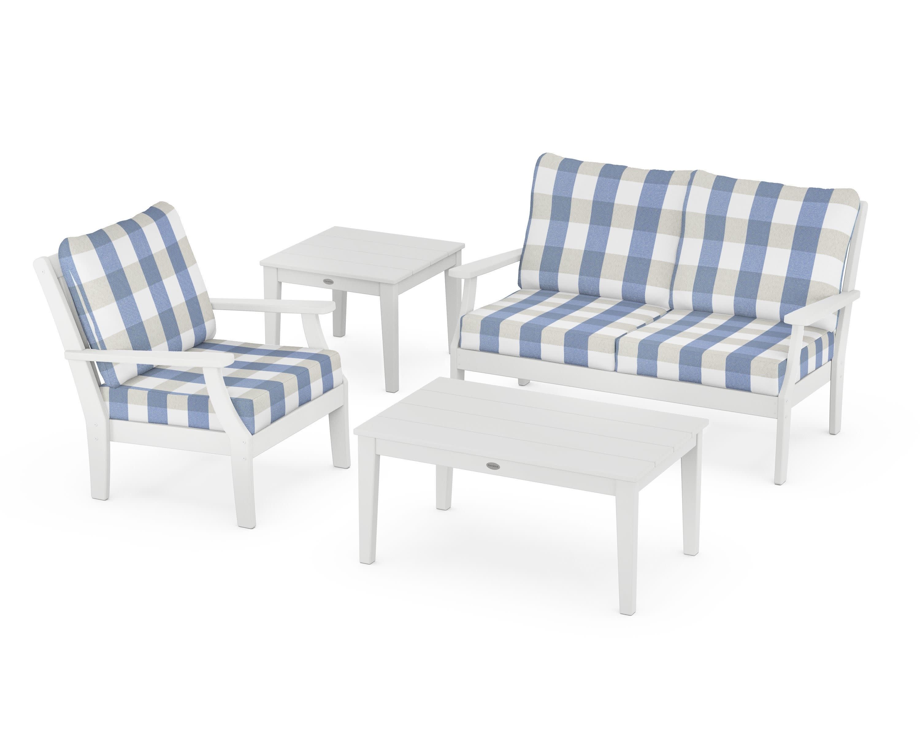 Braxton 4-Piece Deep Seating Set in White / Buffalo Plaid Sky Blue