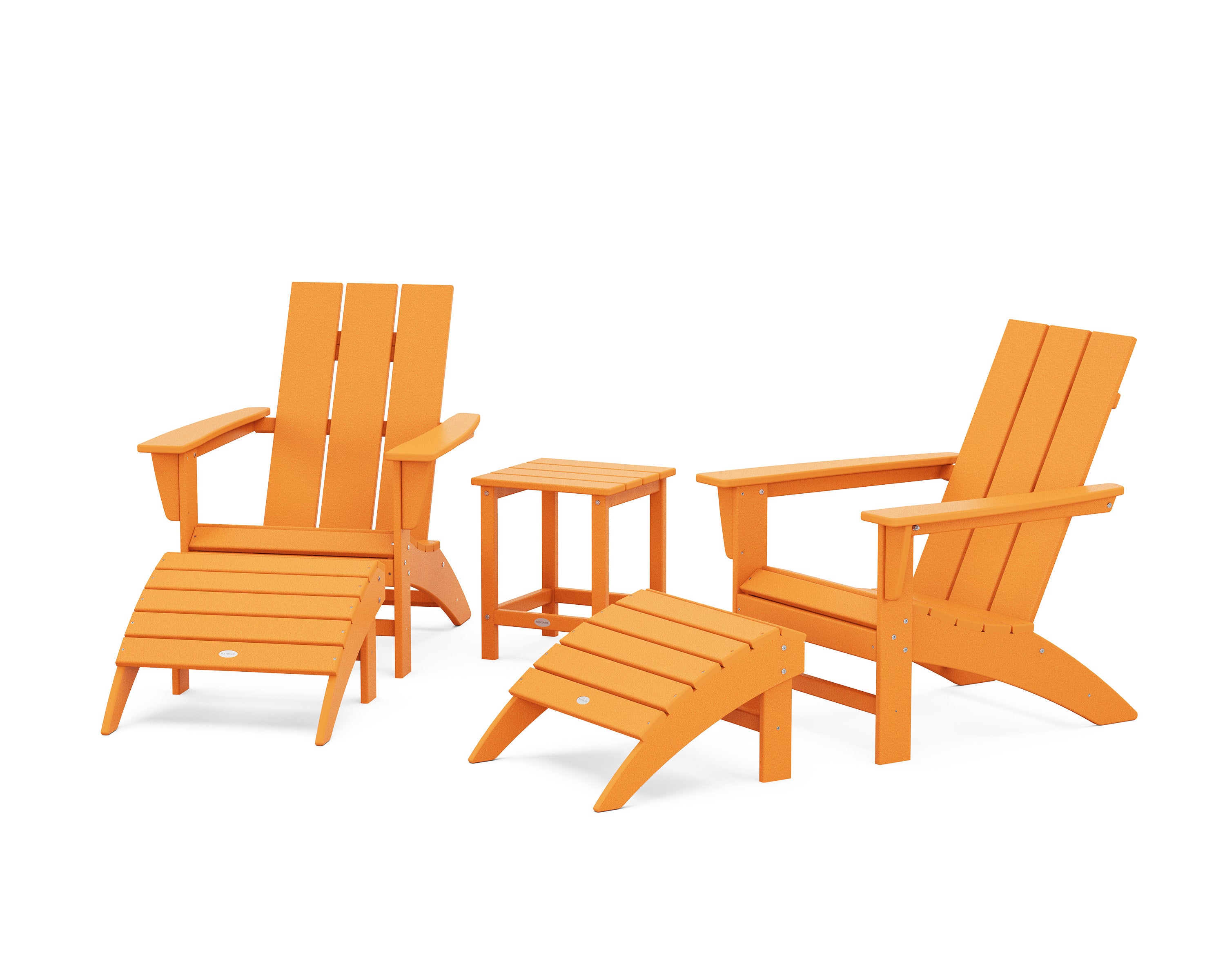 Modern Adirondack Chair 5-Piece Set with Ottomans and 18" Side Table in Tangerine