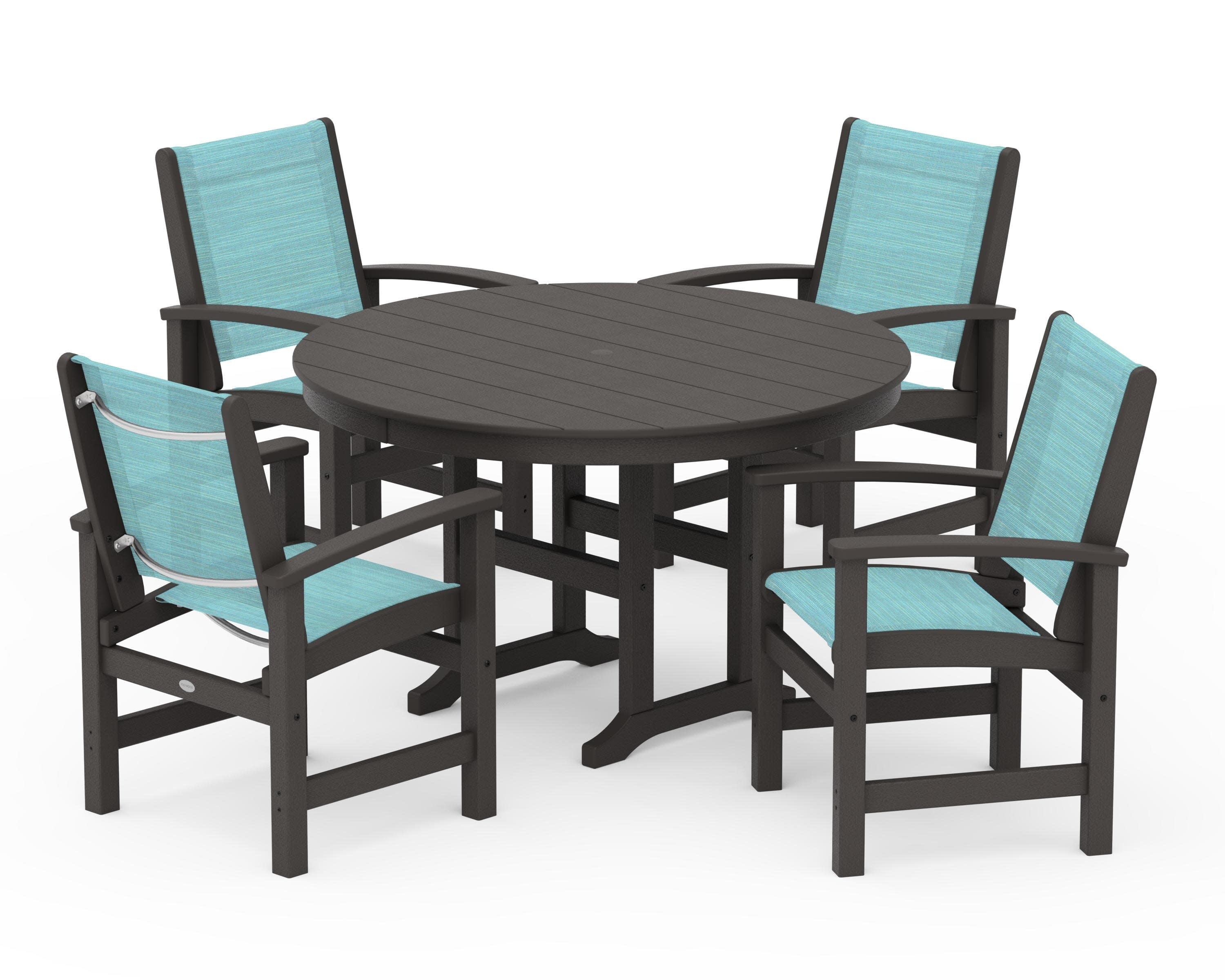 Coastal 5-Piece Round Farmhouse Dining Set in Vintage Coffee / Dupioni Aquamarine Sling
