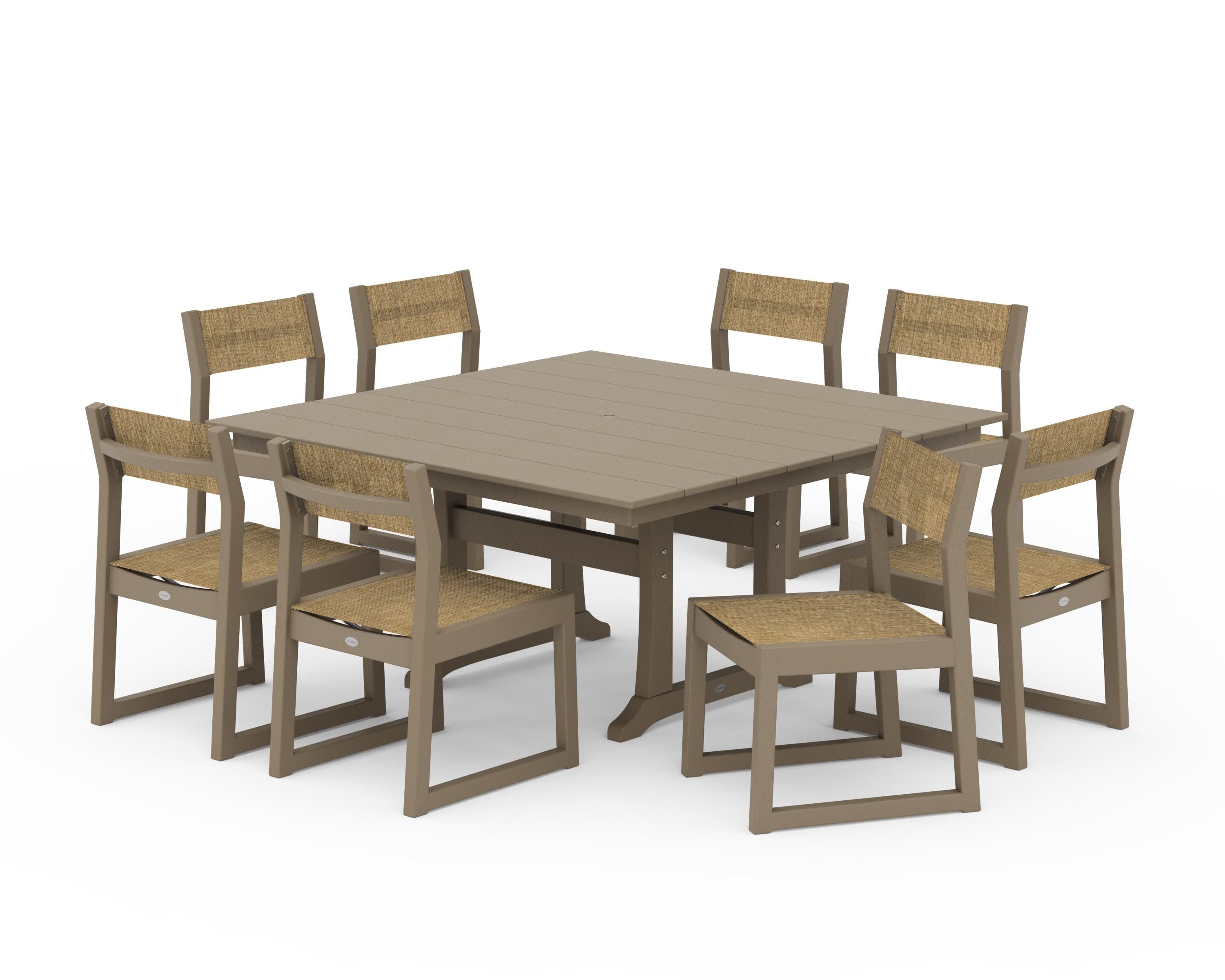 EDGE Sling Side Chair 9-Piece Farmhouse Trestle Dining Set in Vintage Sahara / Burlap Sling