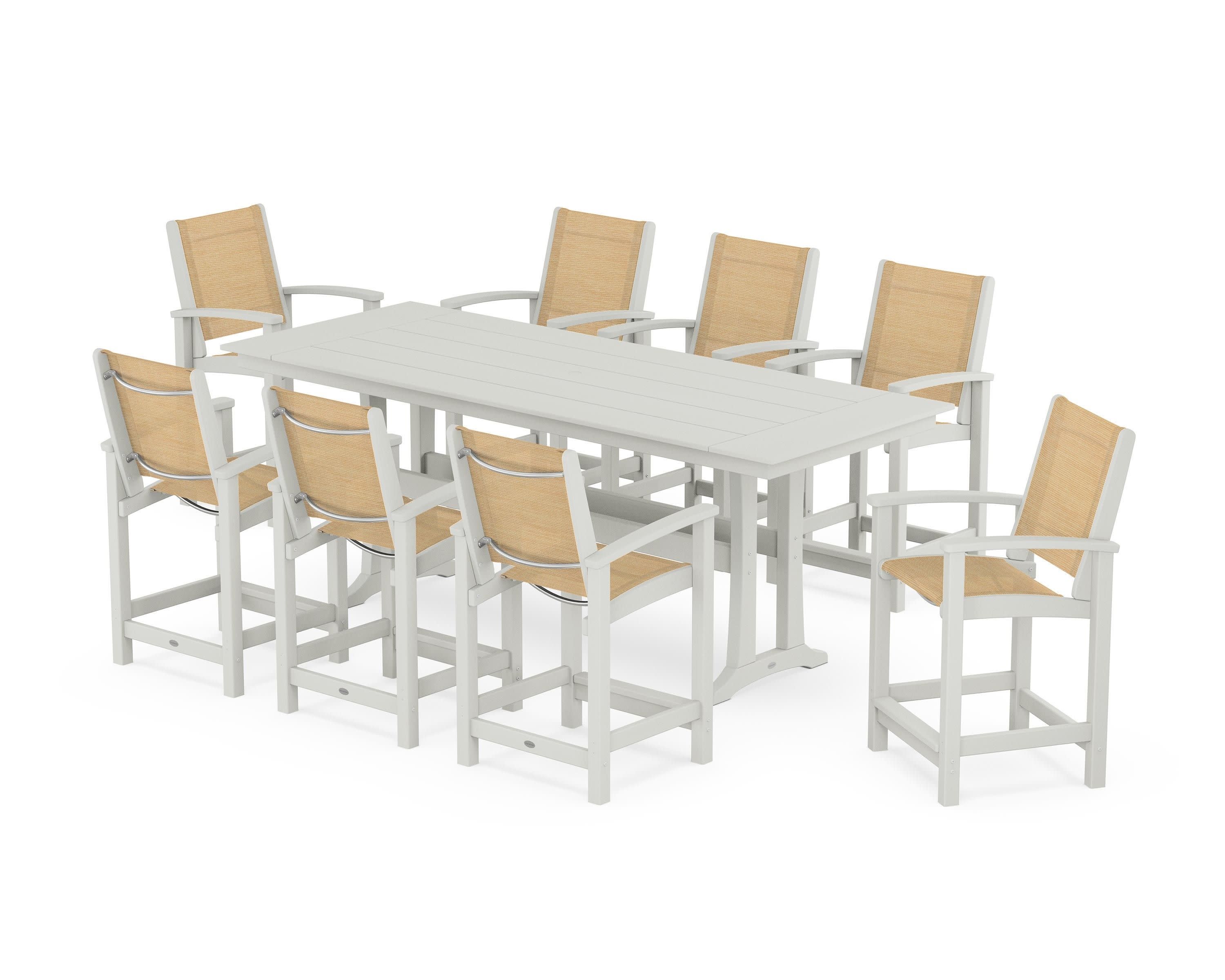 Coastal 9-Piece Farmhouse Counter Set with Trestle Legs in Vintage White / Dupioni Apricot Sling