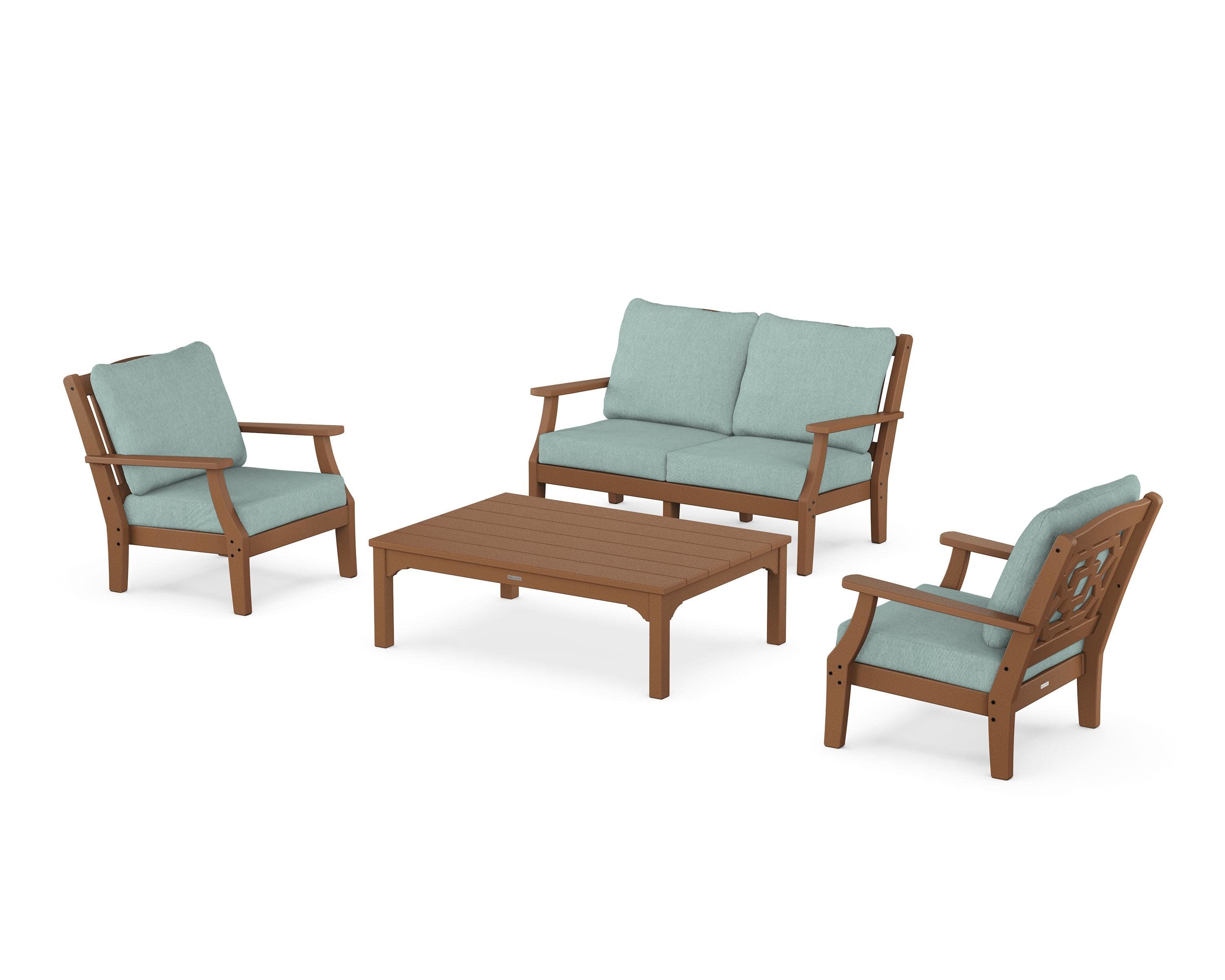 Chinoiserie 4-Piece Deep Seating Set with Loveseat in Teak / Glacier Spa