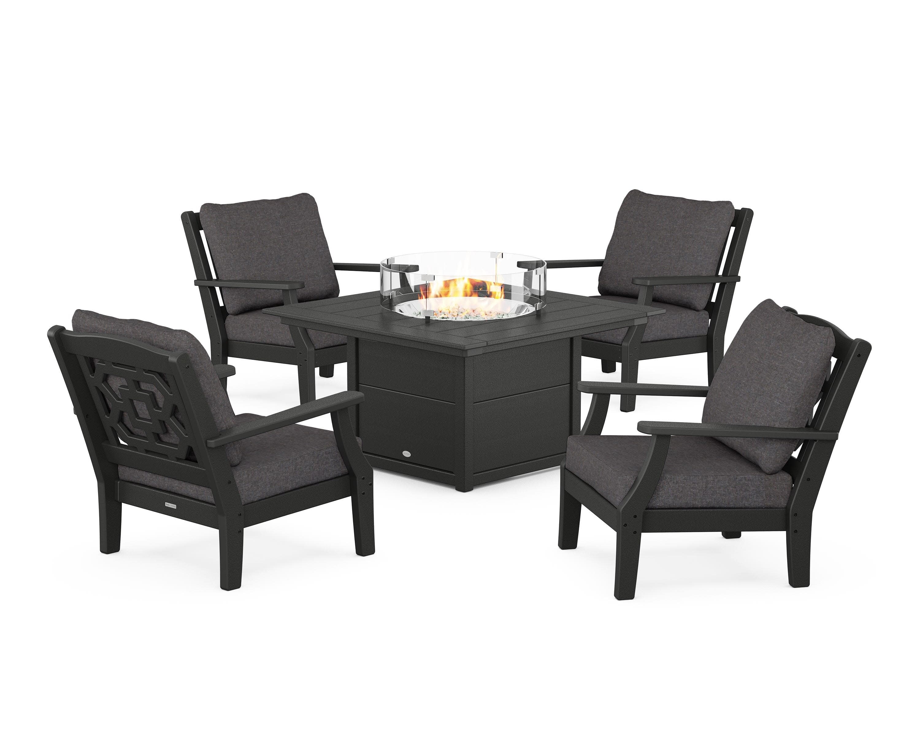 Chinoiserie 5-Piece Deep Seating Set with Fire Pit Table in Black / Ash Charcoal