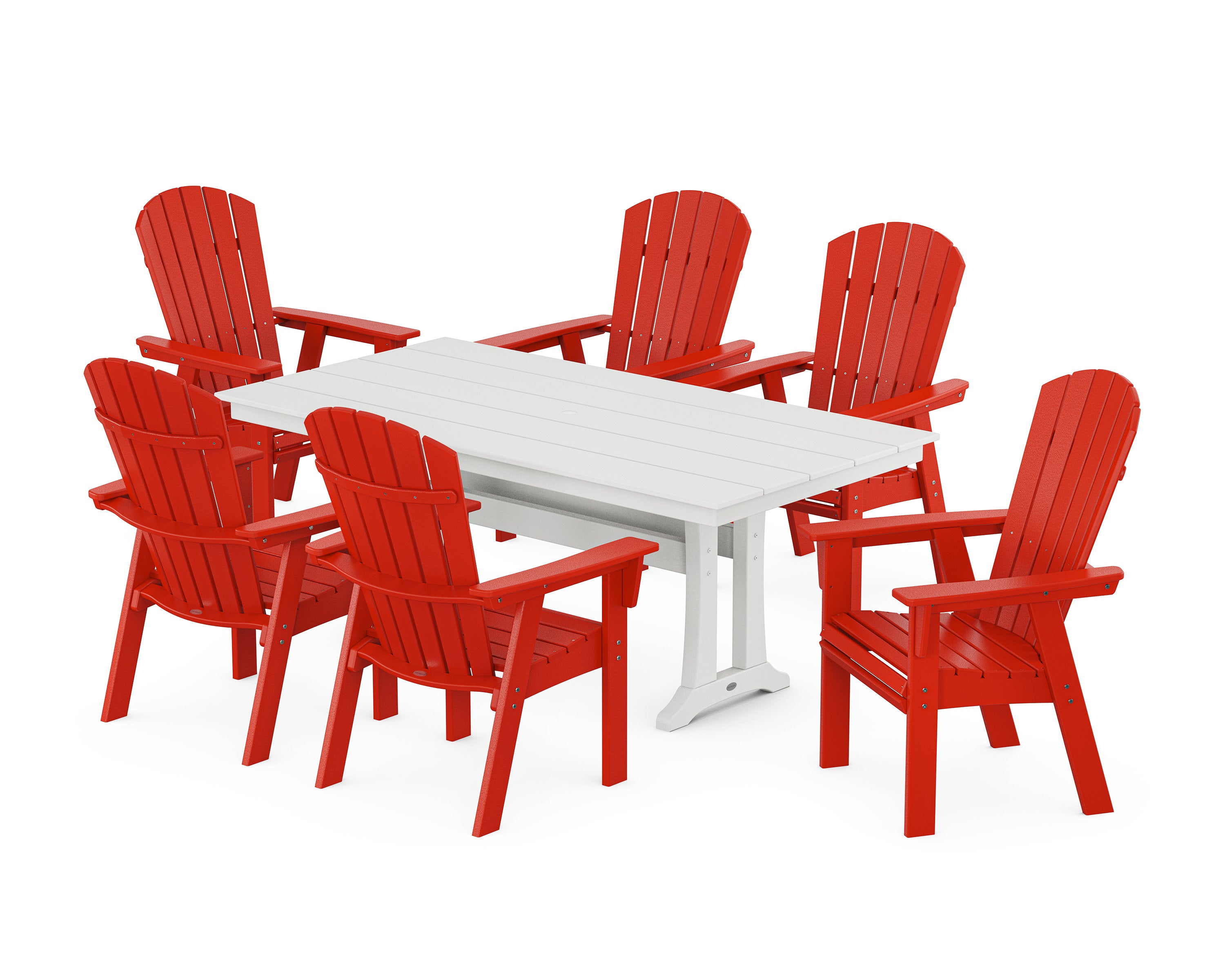 Nautical Curveback Adirondack 7-Piece Farmhouse Dining Set with Trestle Legs in Sunset Red / White