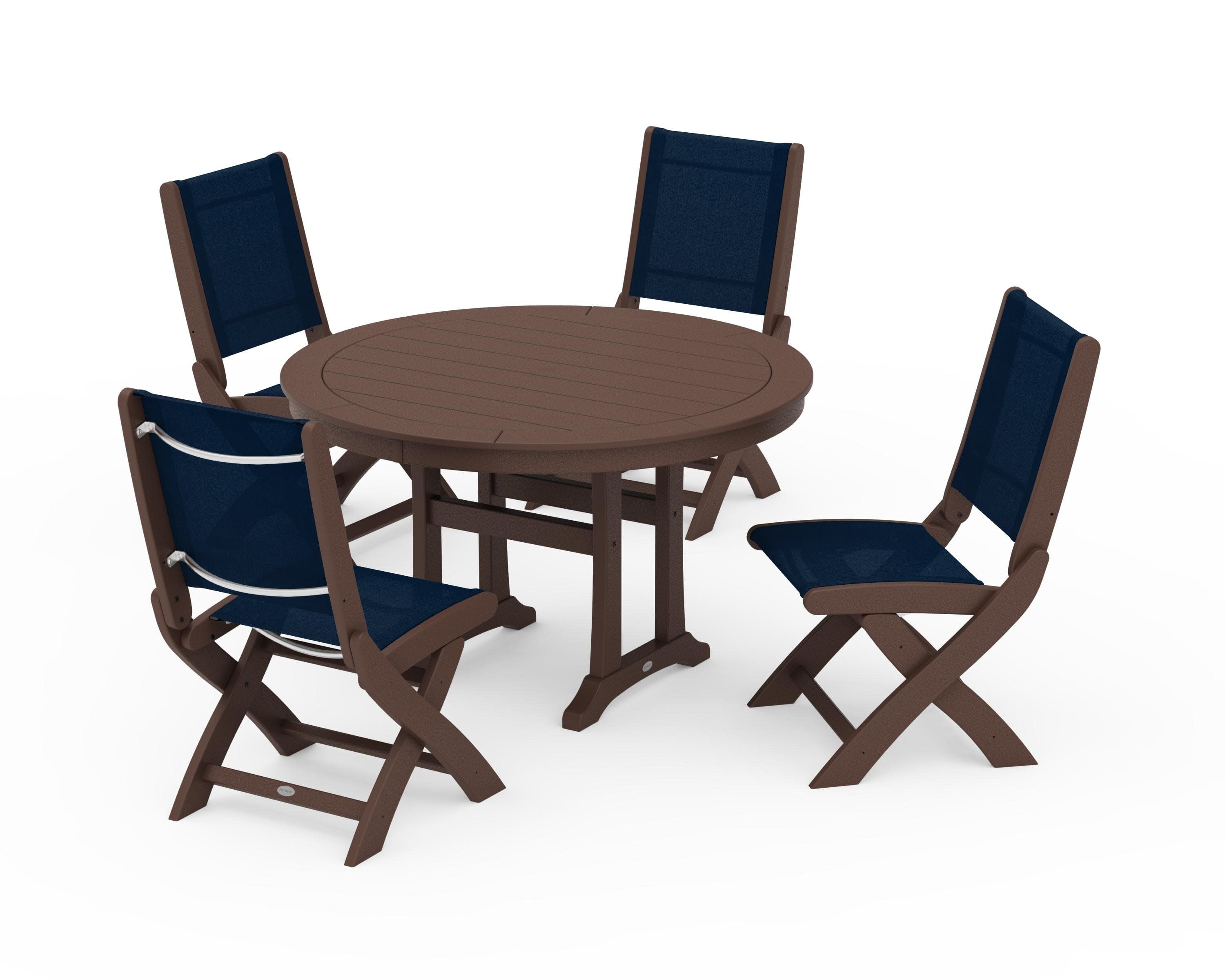 Coastal Folding Side Chair 5-Piece Round Dining Set With Trestle Legs in Mahogany / Navy Blue Sling