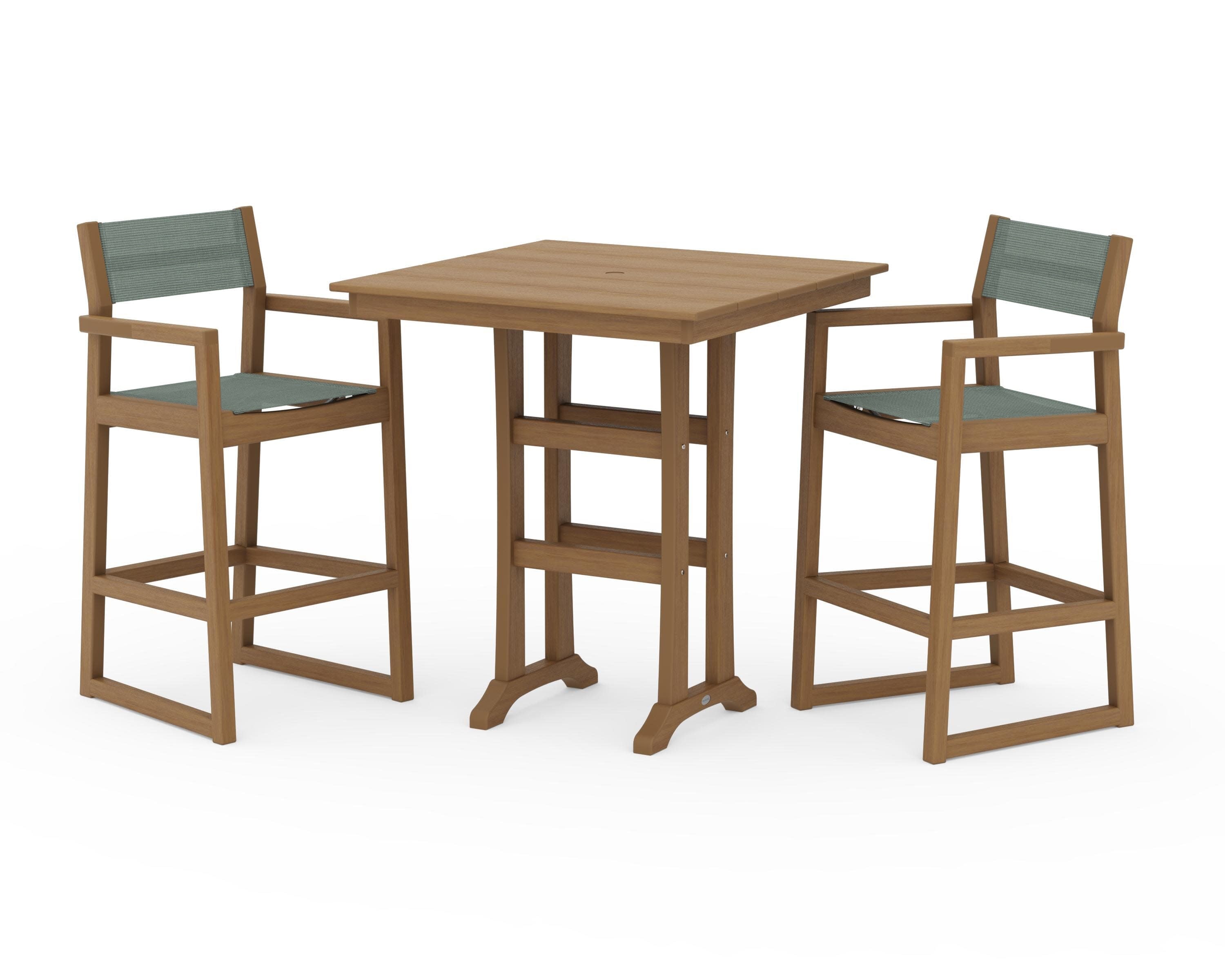 EDGE Sling Arm Chair 3-Piece Farmhouse Bar Set with Trestle Legs in Natural / Dupioni Sea Mist Sling