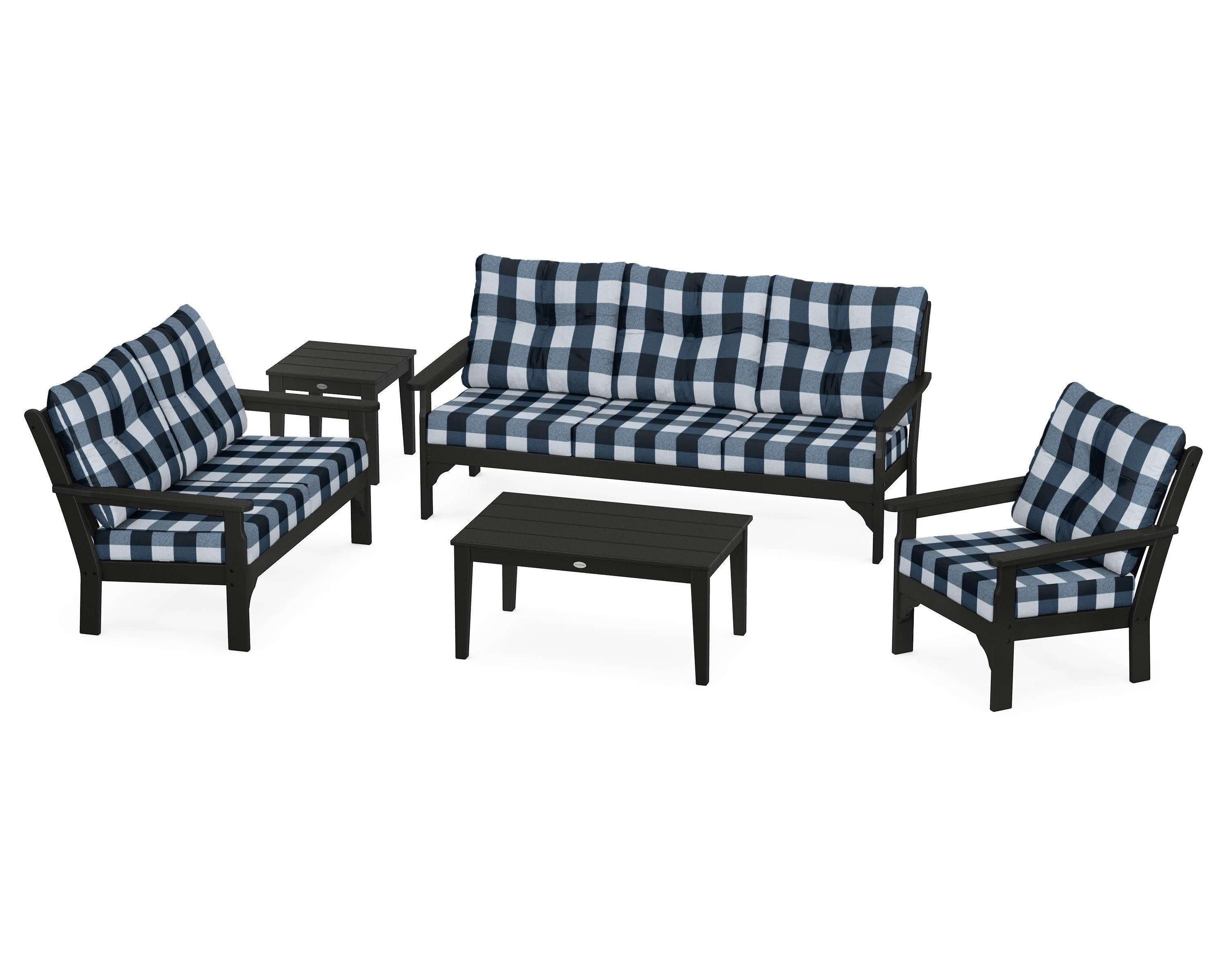 Vineyard 5 Piece Deep Seating Set in Black / Buffalo Plaid Marine Indigo