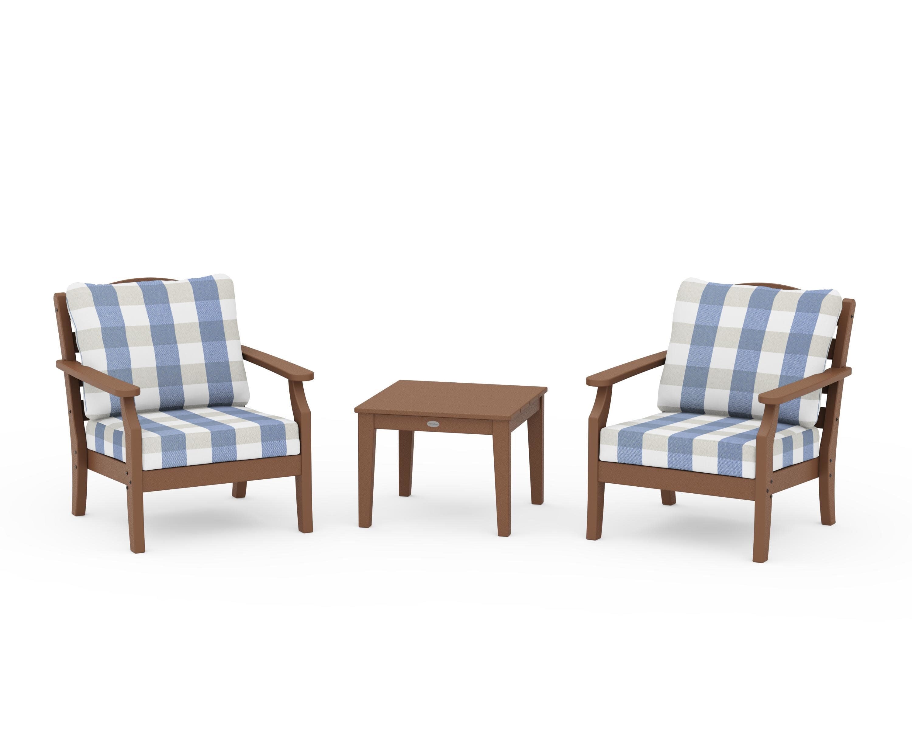 Savannah 3-Piece Deep Seating Set in Teak / Buffalo Plaid Sky Blue