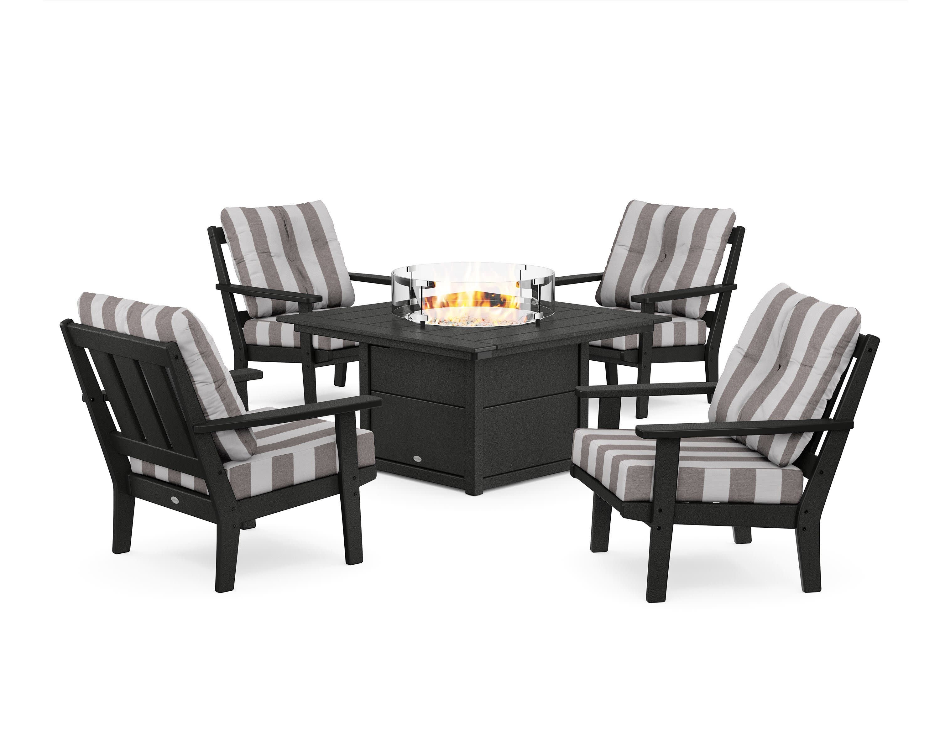 Oxford 5-Piece Deep Seating Set with Fire Pit Table in Black / Cabana Stripe Grey Mist