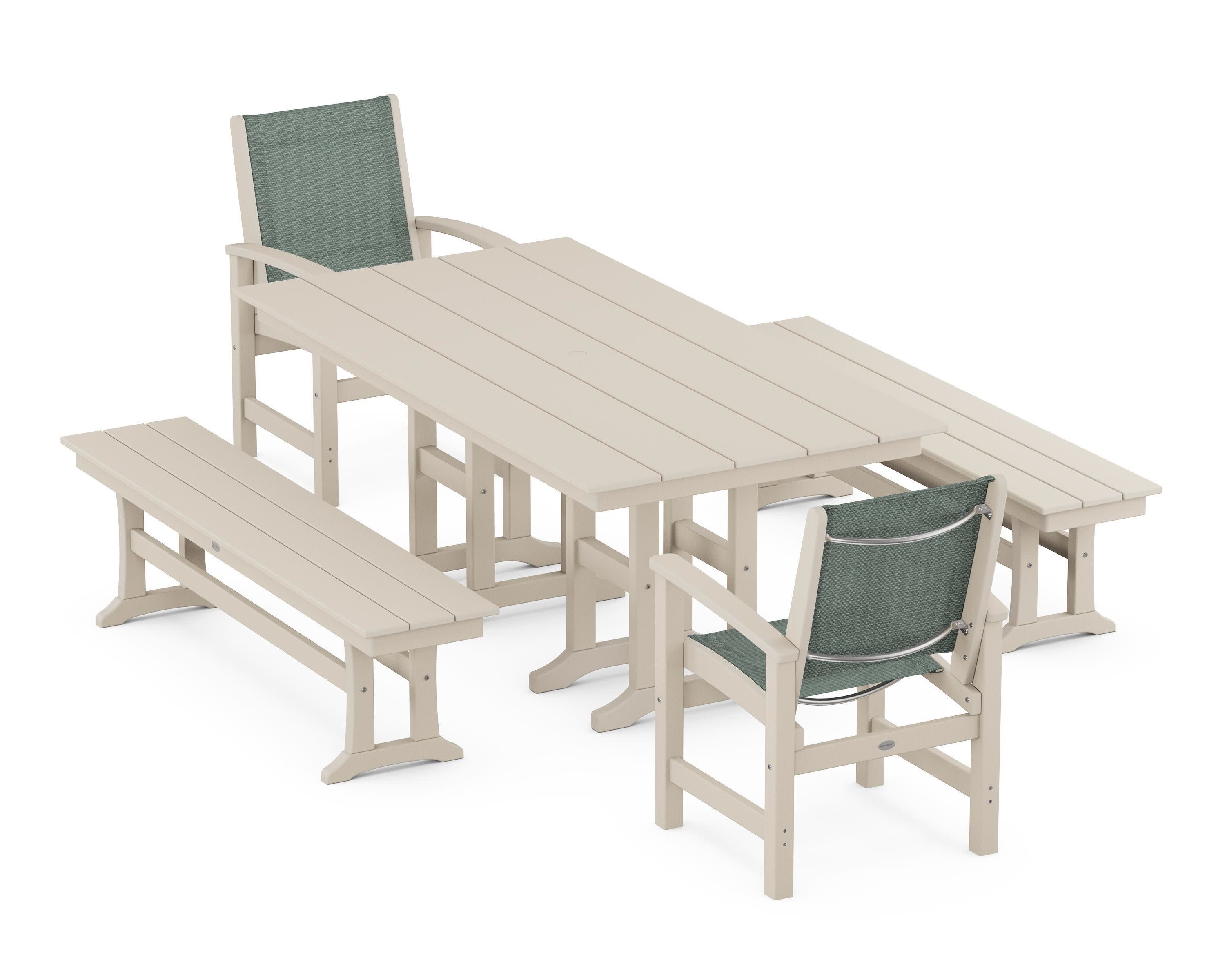 Coastal 5-Piece Farmhouse Dining Set in Sand / Dupioni Sea Mist Sling