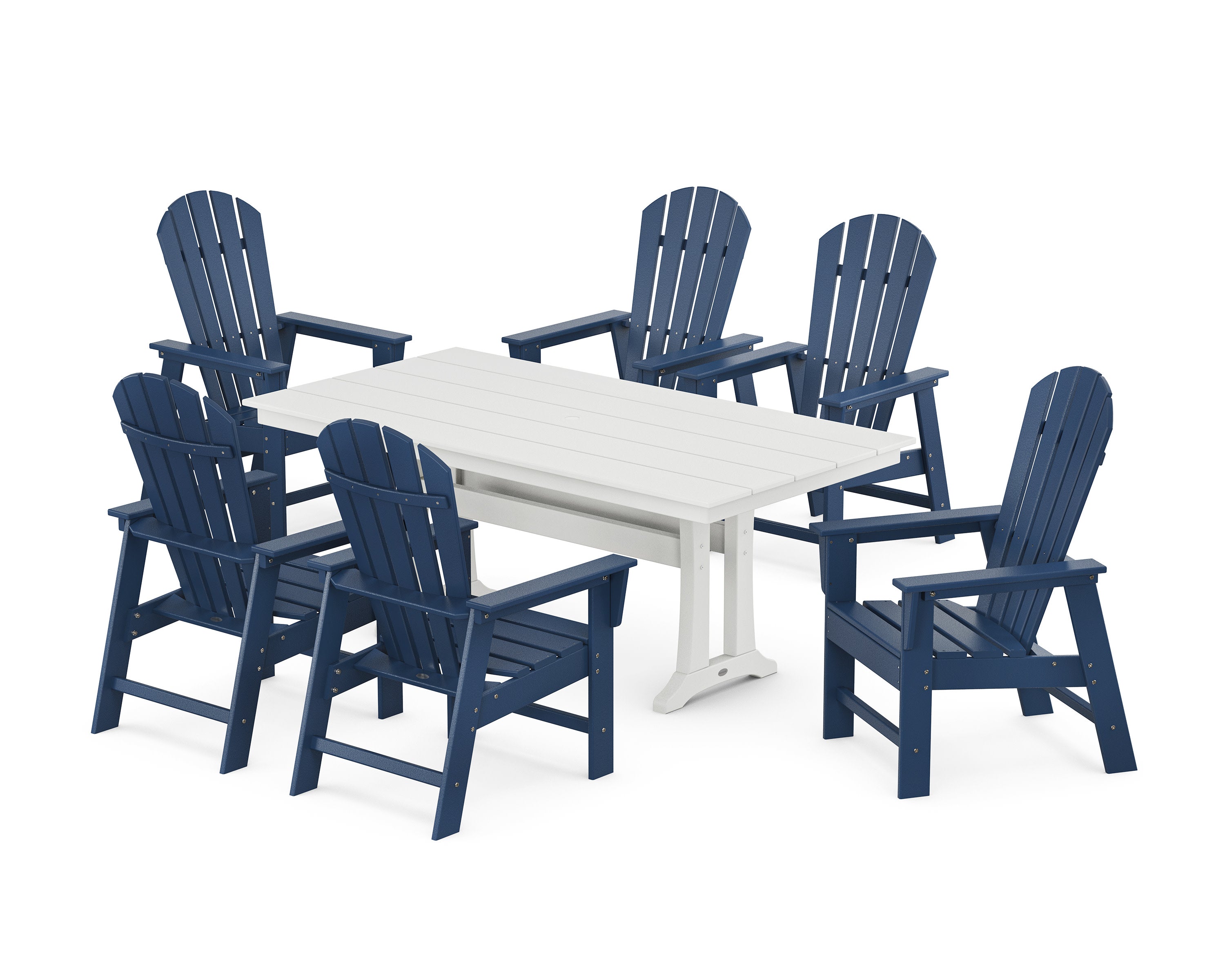 South Beach 7-Piece Farmhouse Dining Set with Trestle Legs in Navy / White