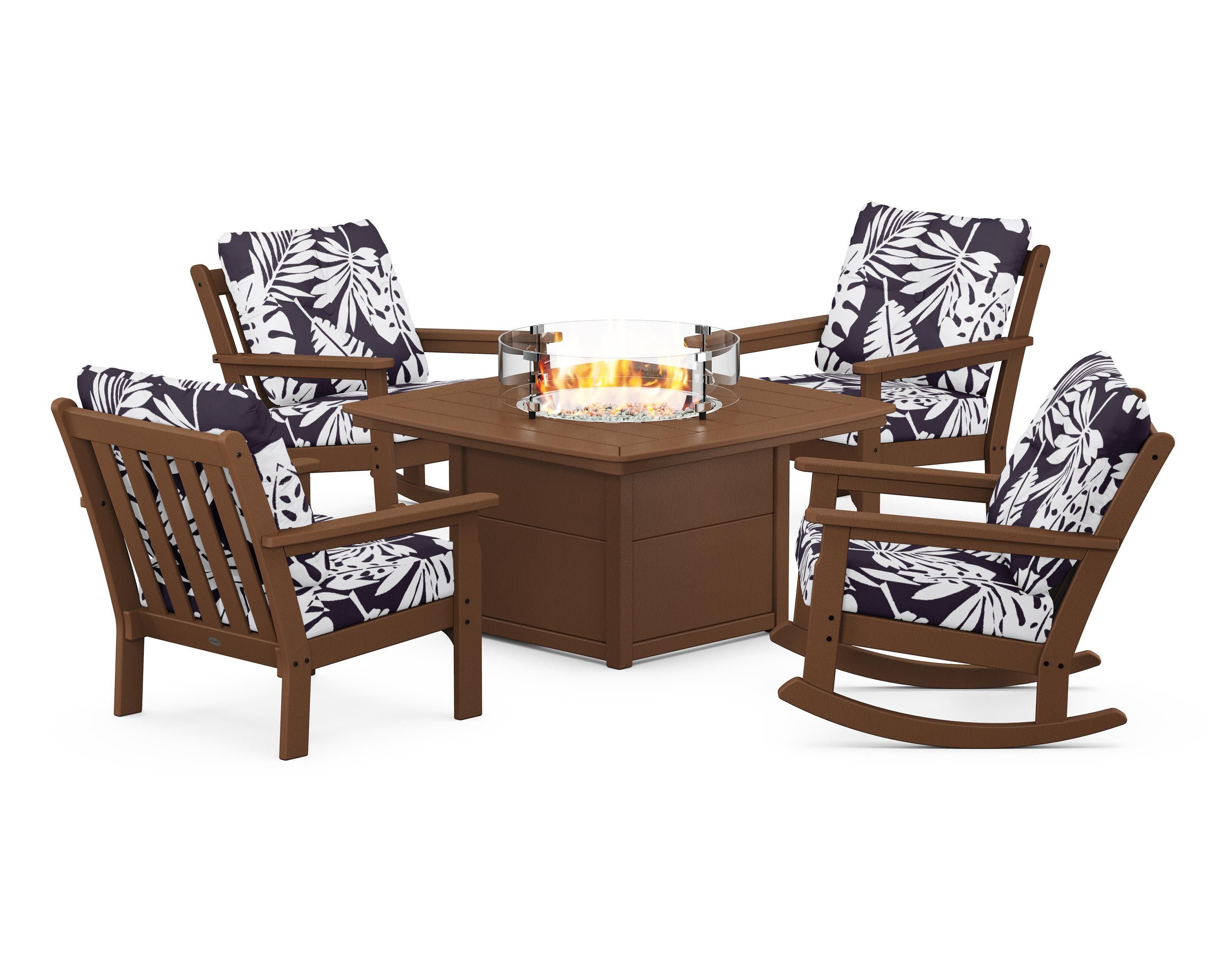 Vineyard 5-Piece Deep Seating Rocking Chair Conversation Set with Fire Pit Table in Teak / Leaf Navy