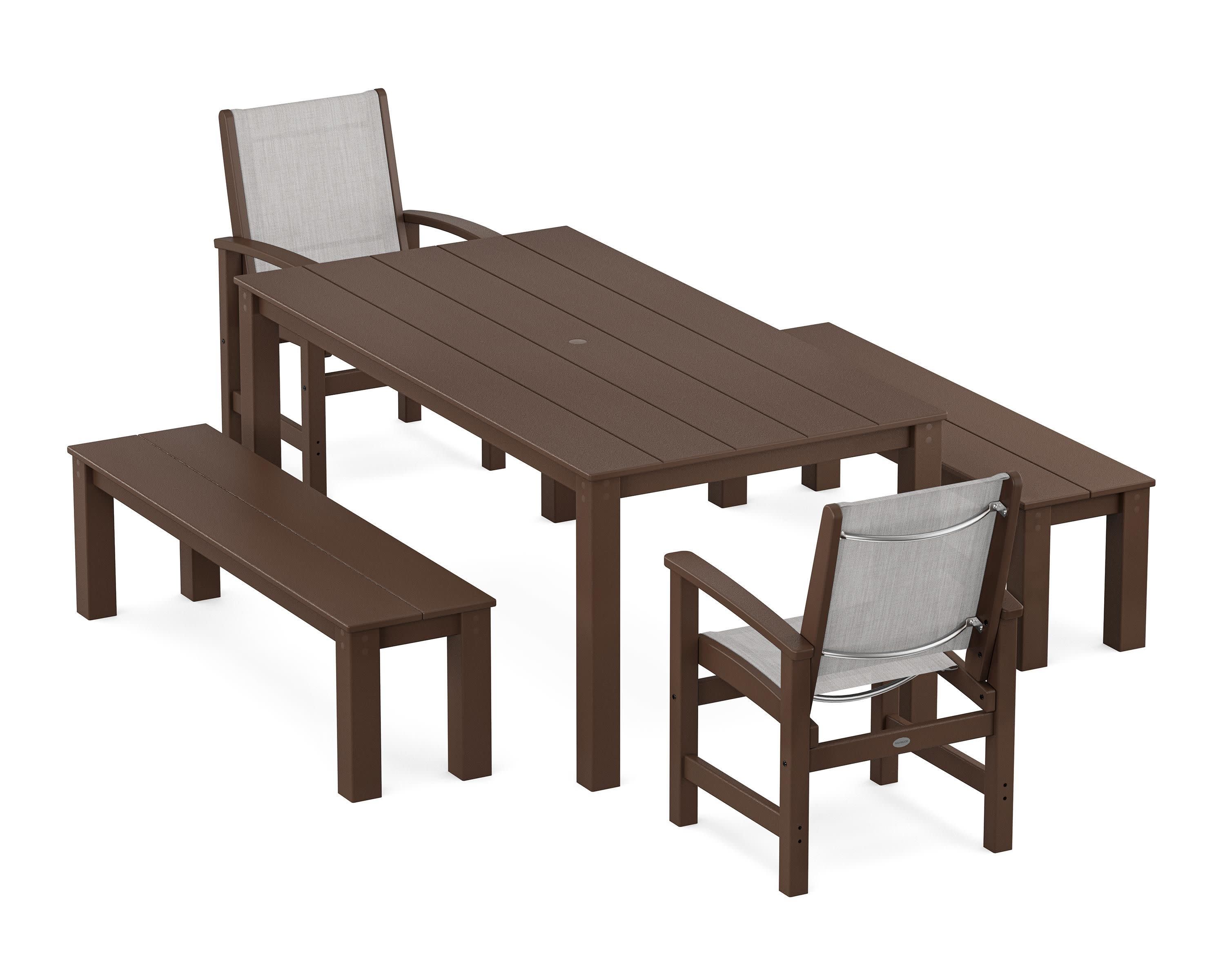 Coastal 5-Piece Parsons Dining Set with Benches in Mahogany / Parchment Sling